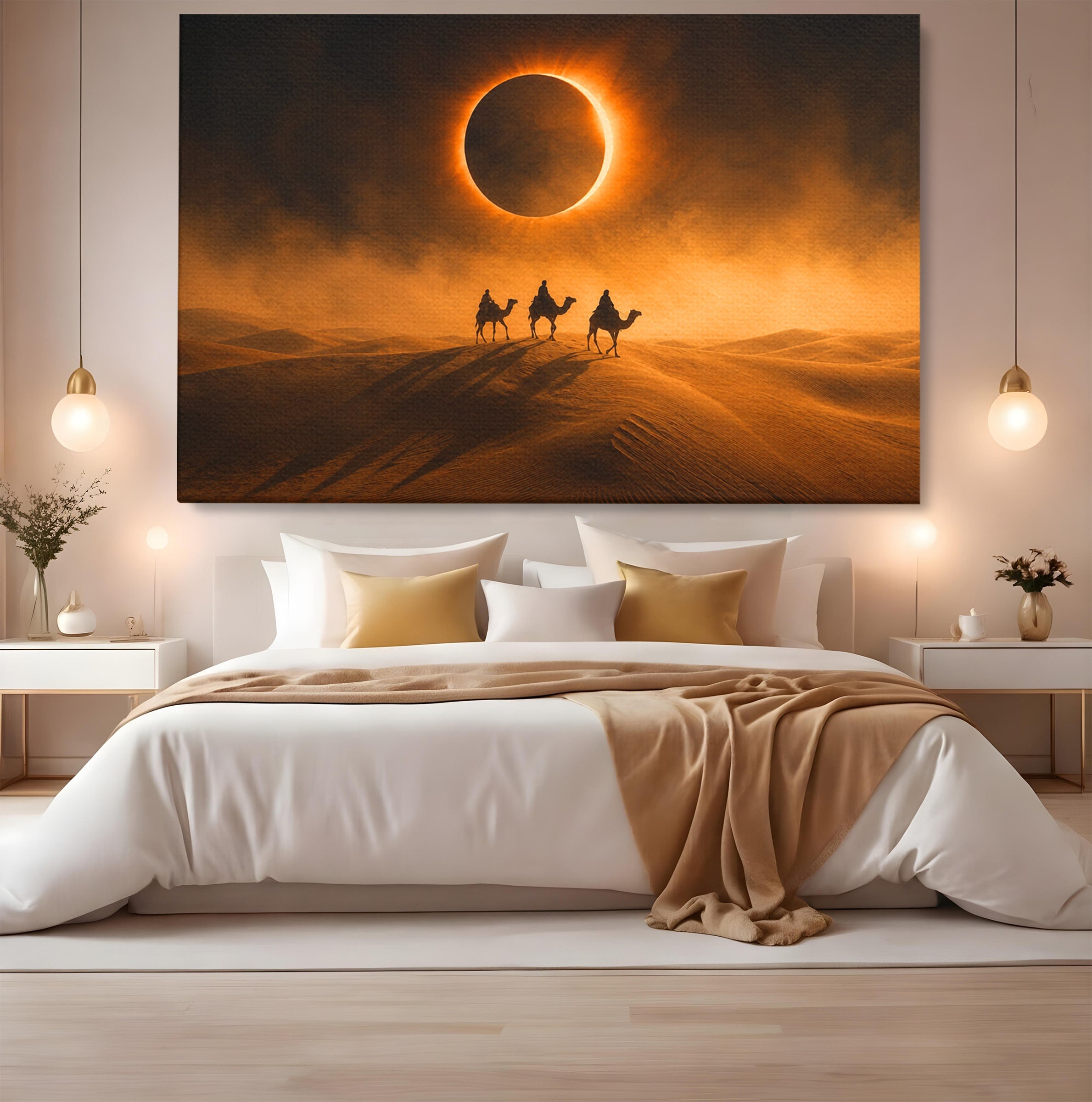 Tablou Canvas Premium LuxCanva® T1047, Caravana Sub Eclipsa, Desert, Eclipsa, Caravana, Peisaj, Living, Culori Vibrante