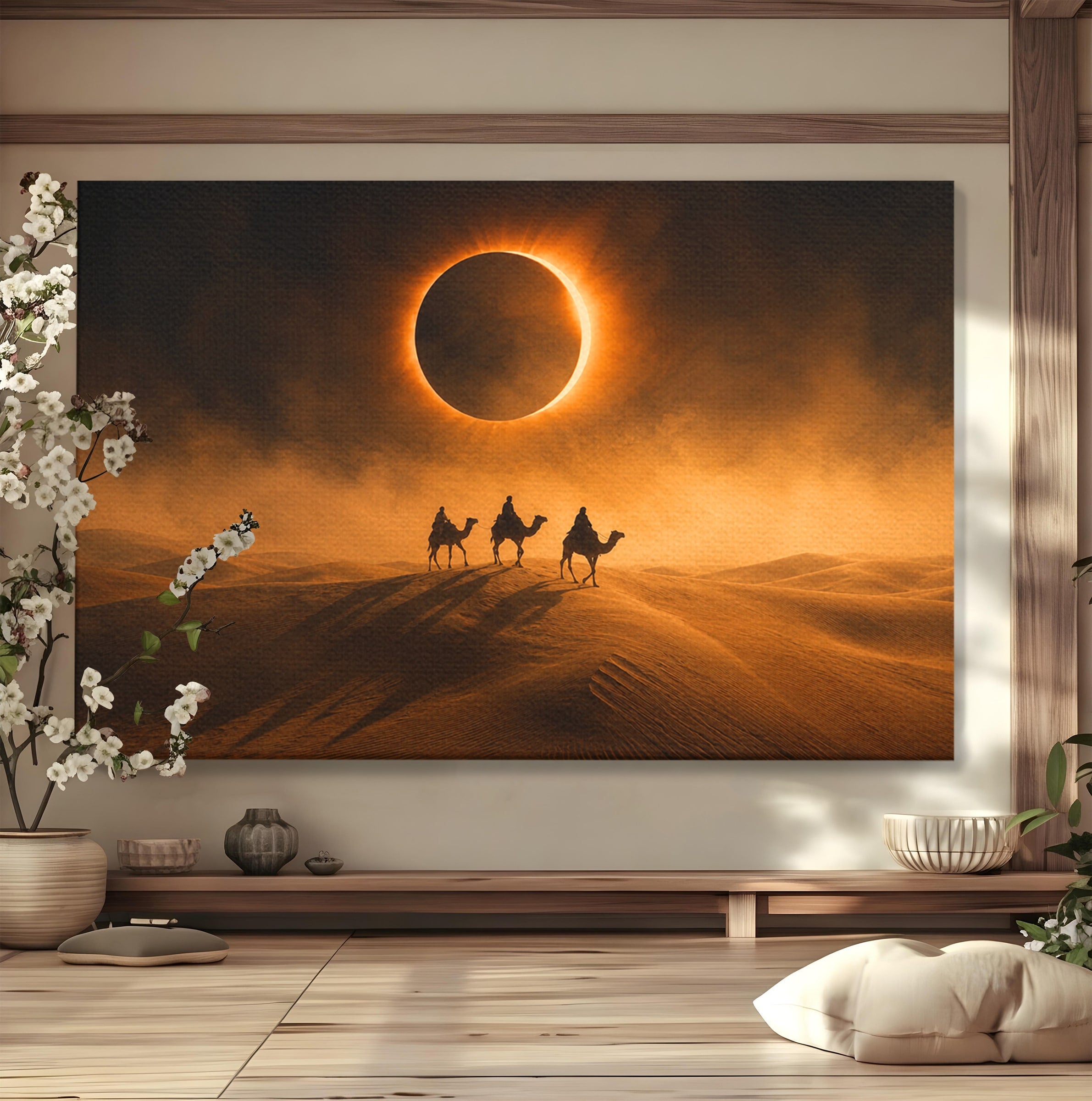 Tablou Canvas Premium LuxCanva® T1047, Caravana Sub Eclipsa, Desert, Eclipsa, Caravana, Peisaj, Living, Culori Vibrante