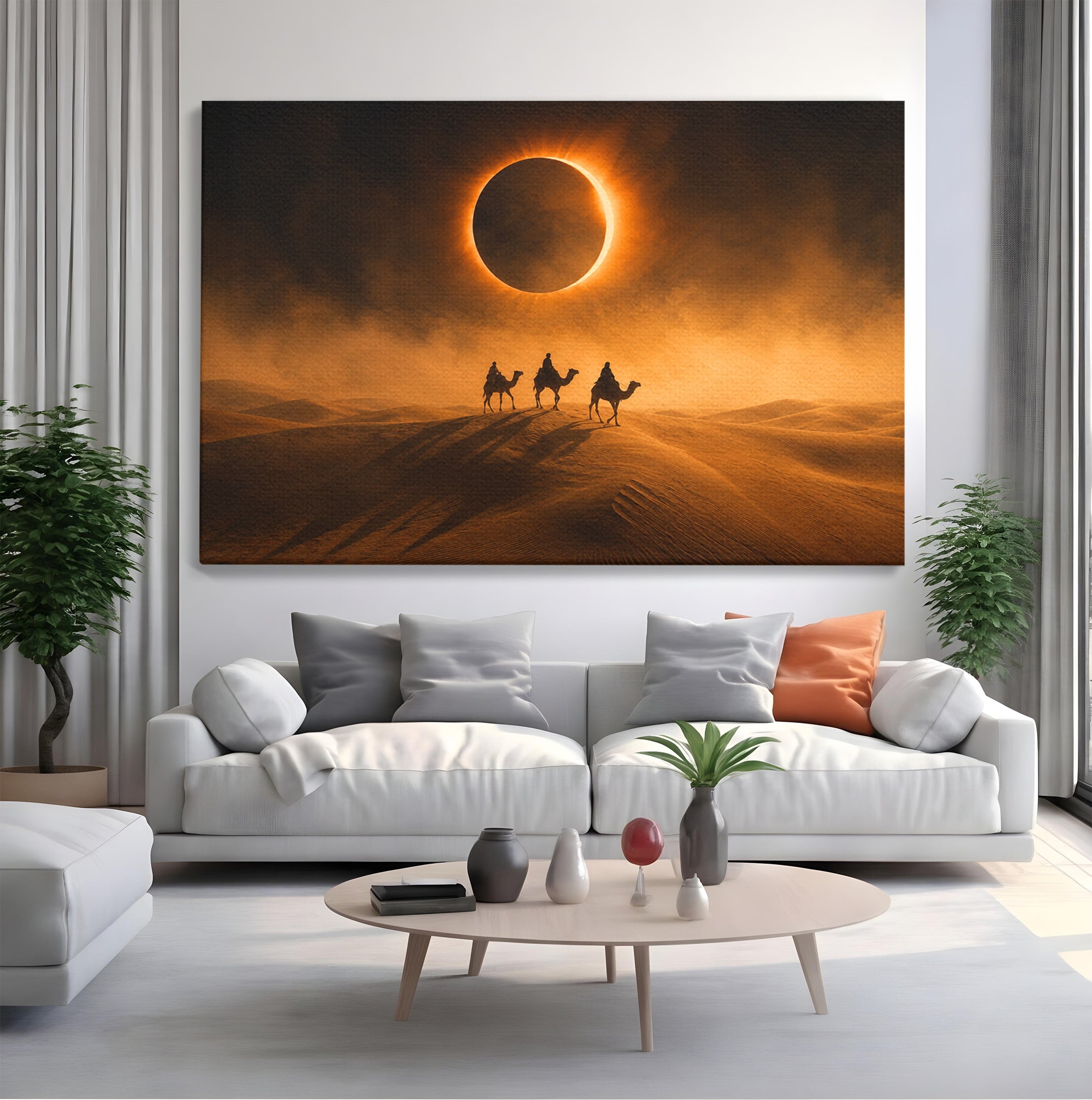 Tablou Canvas Premium LuxCanva® T1047, Caravana Sub Eclipsa, Desert, Eclipsa, Caravana, Peisaj, Living, Culori Vibrante