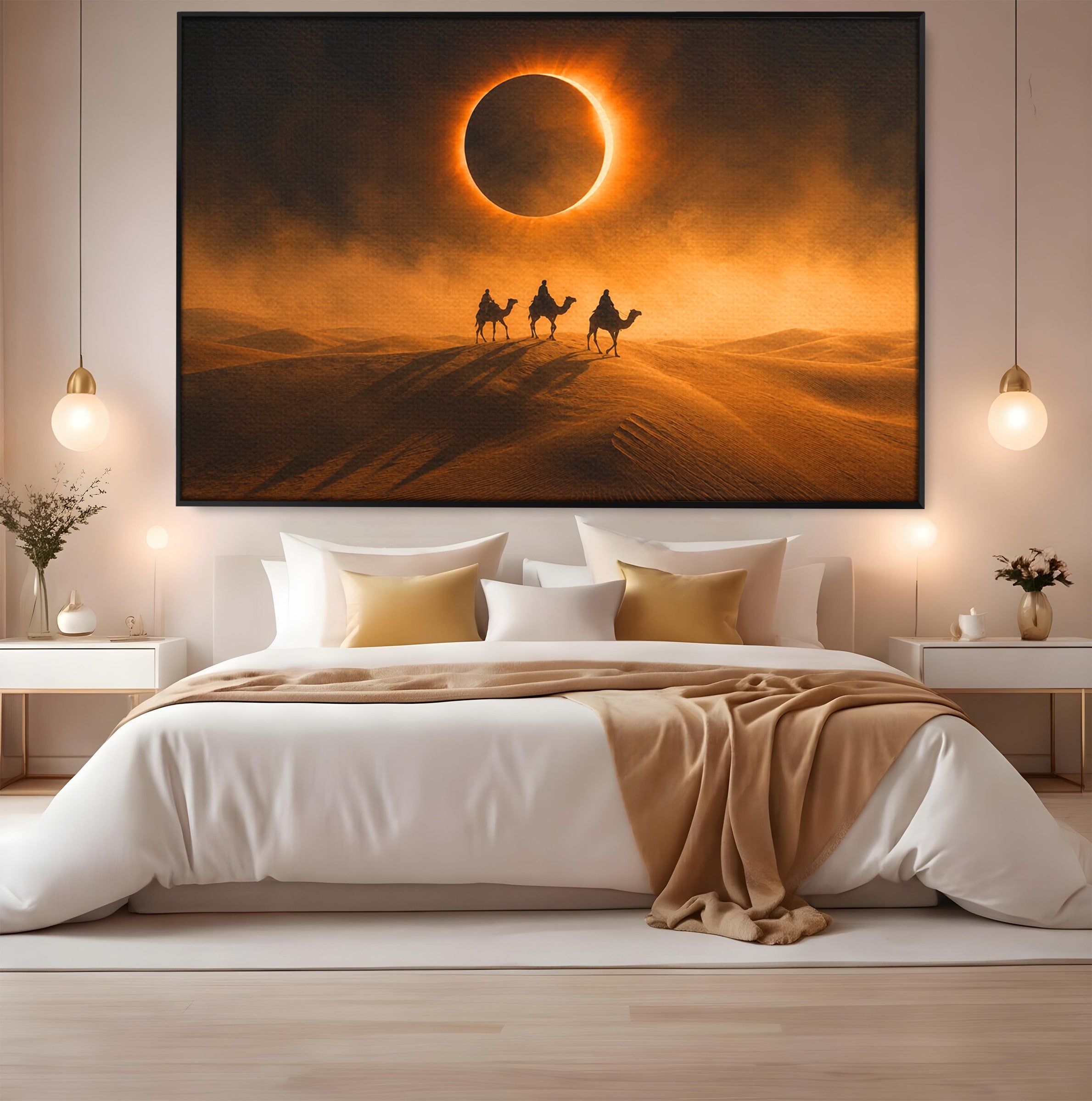Tablou Canvas Premium LuxCanva® T1047, Caravana Sub Eclipsa, Desert, Eclipsa, Caravana, Peisaj, Living, Culori Vibrante