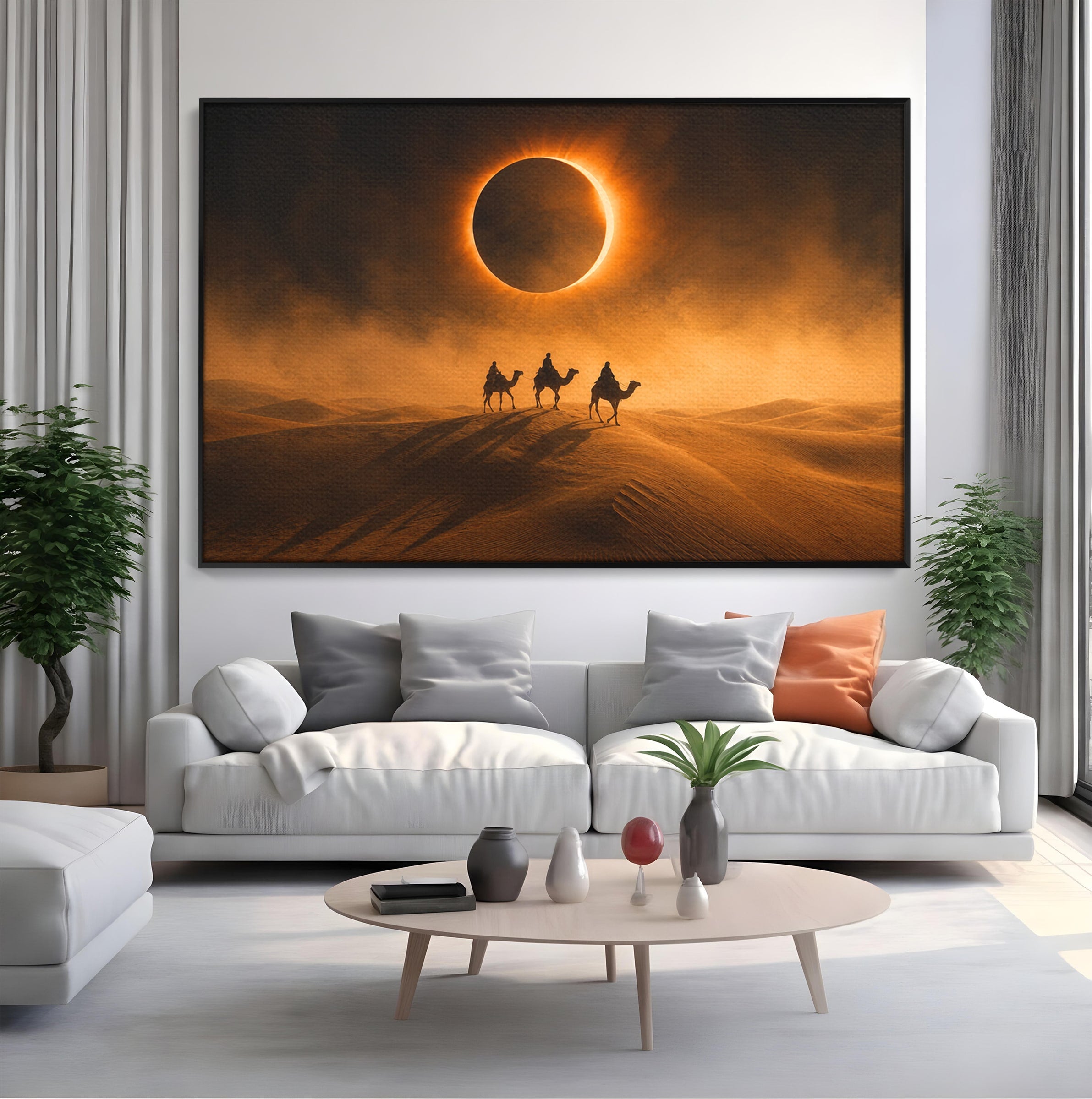 Tablou Canvas Premium LuxCanva® T1047, Caravana Sub Eclipsa, Desert, Eclipsa, Caravana, Peisaj, Living, Culori Vibrante