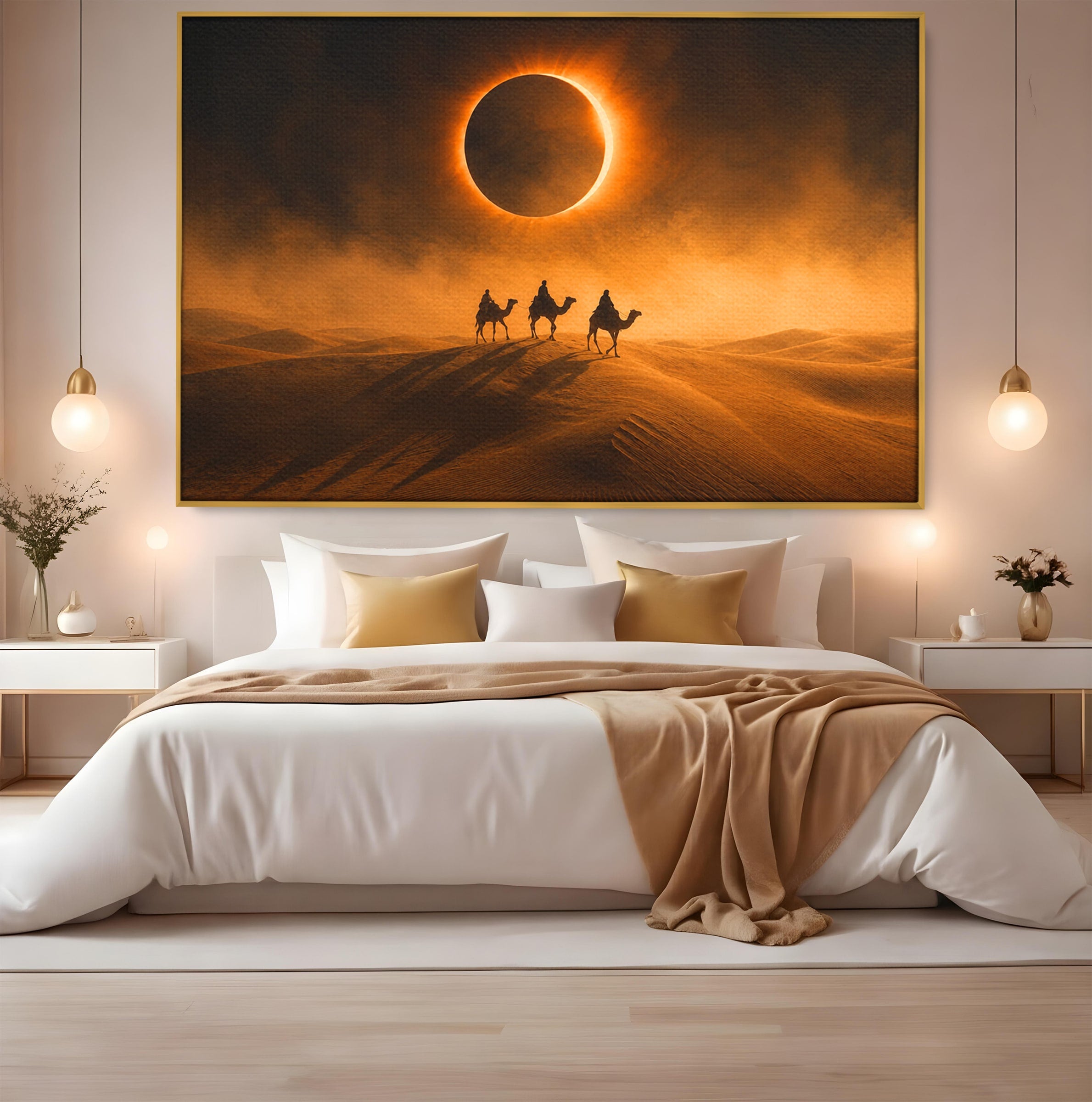 Tablou Canvas Premium LuxCanva® T1047, Caravana Sub Eclipsa, Desert, Eclipsa, Caravana, Peisaj, Living, Culori Vibrante
