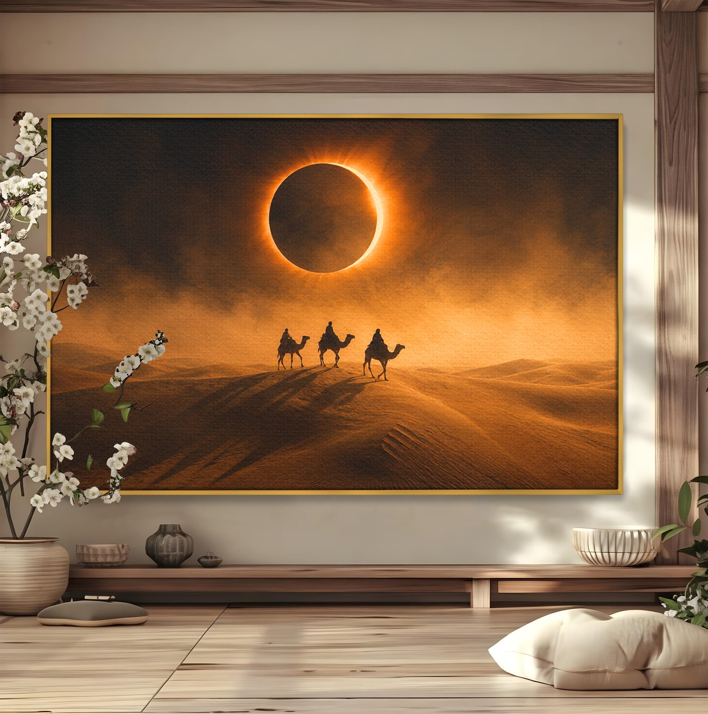 Tablou Canvas Premium LuxCanva® T1047, Caravana Sub Eclipsa, Desert, Eclipsa, Caravana, Peisaj, Living, Culori Vibrante