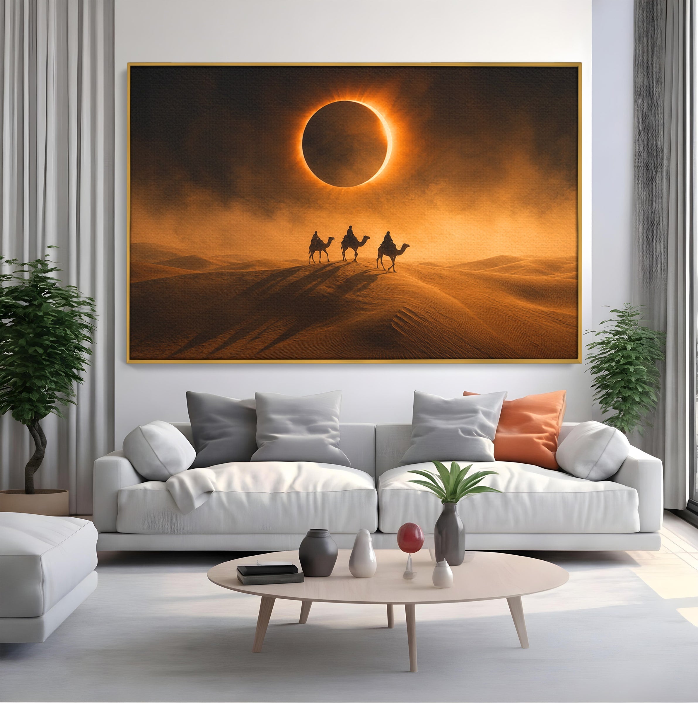 Tablou Canvas Premium LuxCanva® T1047, Caravana Sub Eclipsa, Desert, Eclipsa, Caravana, Peisaj, Living, Culori Vibrante