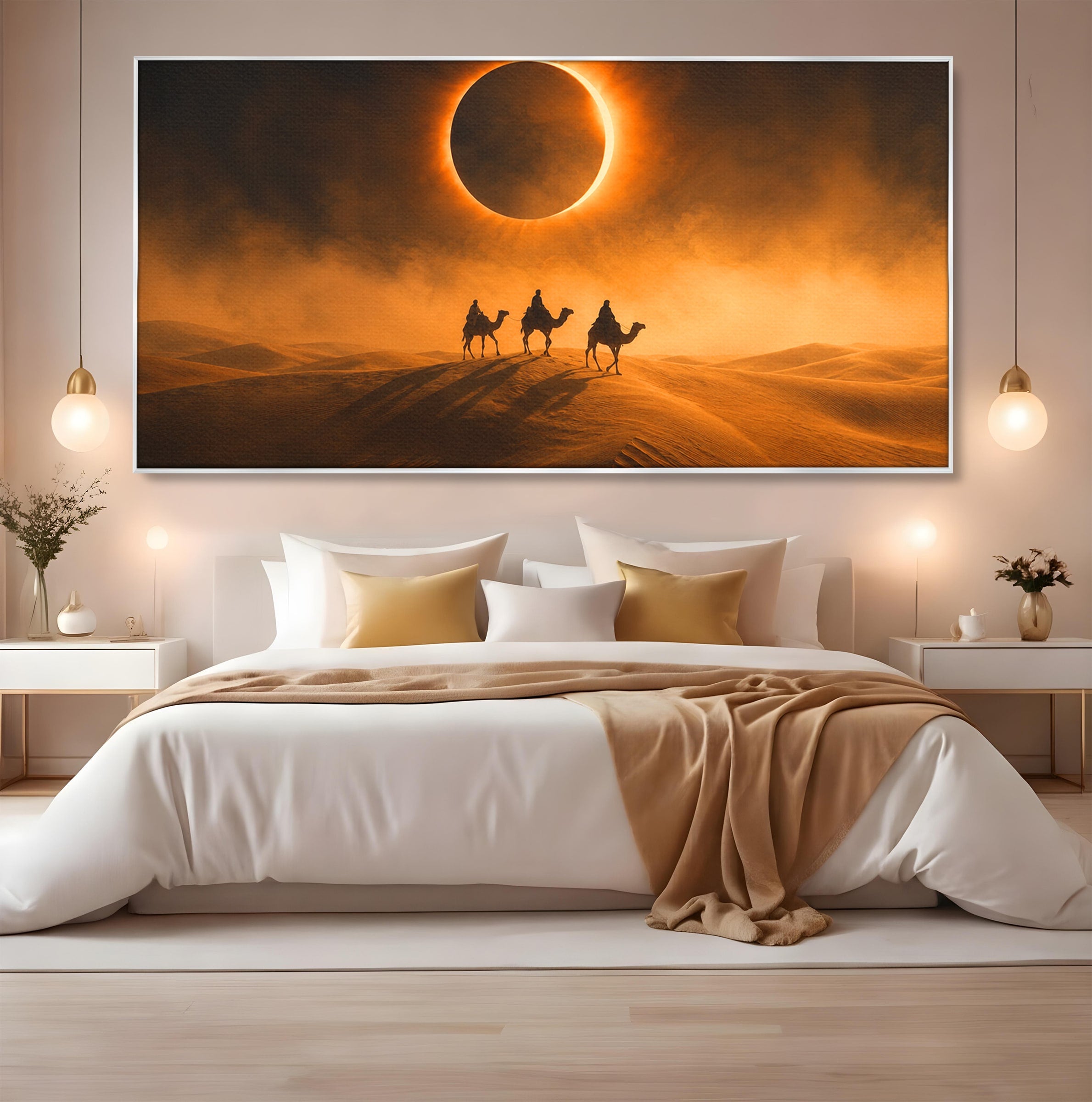 Tablou Canvas Premium LuxCanva® T1047, Caravana Sub Eclipsa, Desert, Eclipsa, Caravana, Peisaj, Living, Culori Vibrante