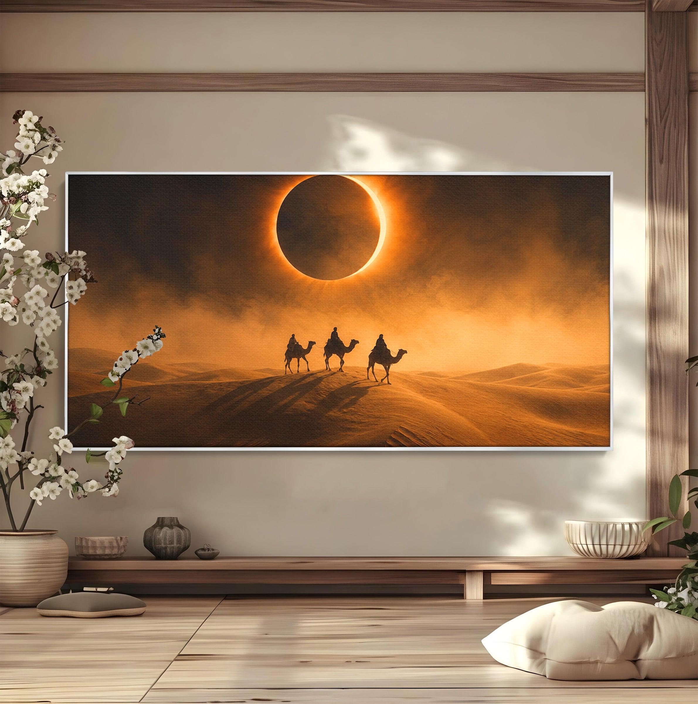 Tablou Canvas Premium LuxCanva® T1047, Caravana Sub Eclipsa, Desert, Eclipsa, Caravana, Peisaj, Living, Culori Vibrante
