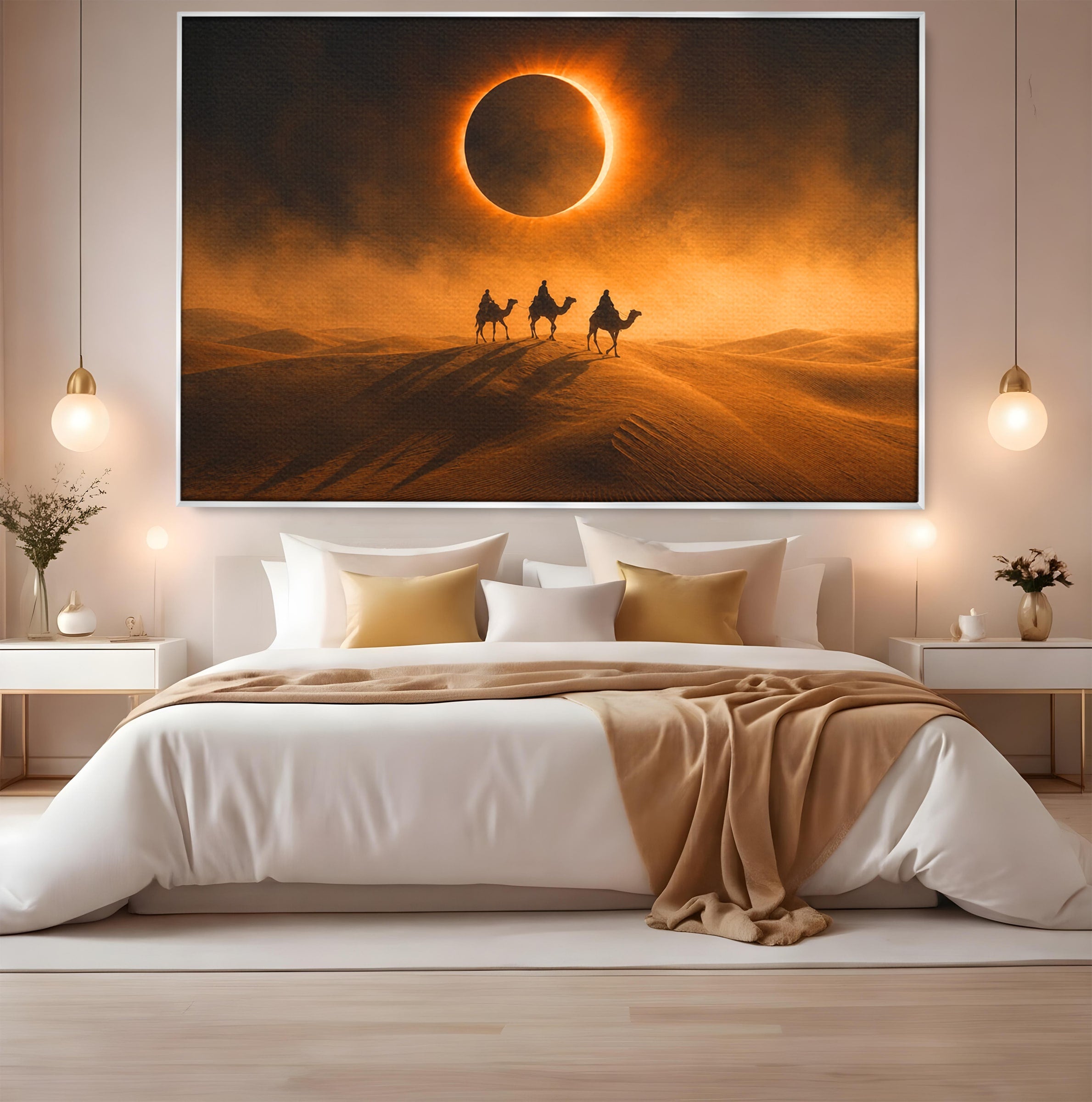 Tablou Canvas Premium LuxCanva® T1047, Caravana Sub Eclipsa, Desert, Eclipsa, Caravana, Peisaj, Living, Culori Vibrante