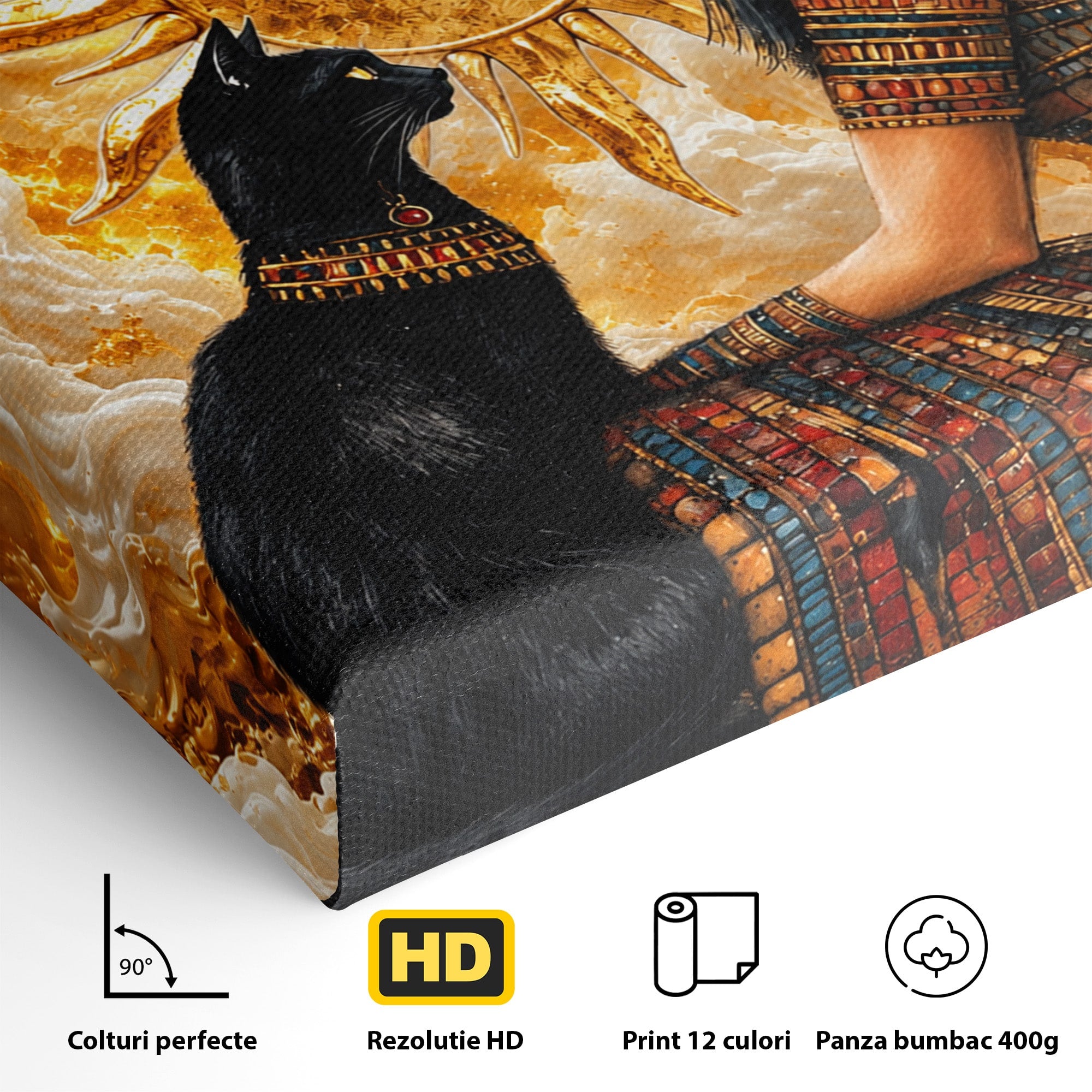 Tablou Canvas Premium LuxCanva® T1050, Regina Egipteana Cu Pisica, Egipt, Pisica, Soare, Mitologie, Dormitor, Culori Vibrante