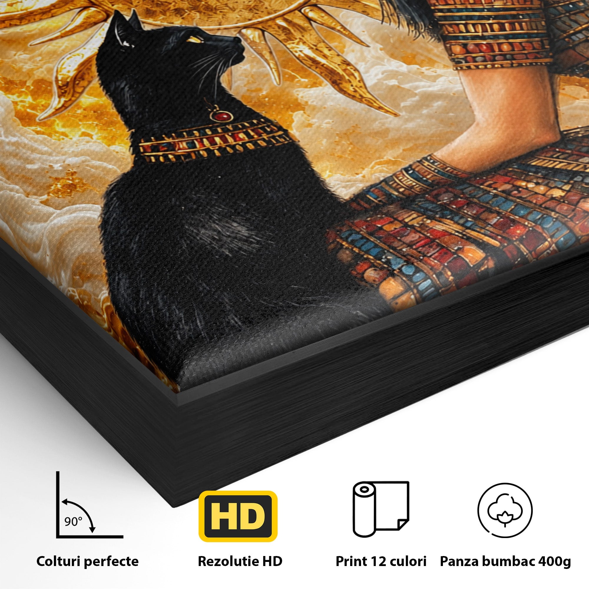 Tablou Canvas Premium LuxCanva® T1050, Regina Egipteana Cu Pisica, Egipt, Pisica, Soare, Mitologie, Dormitor, Culori Vibrante