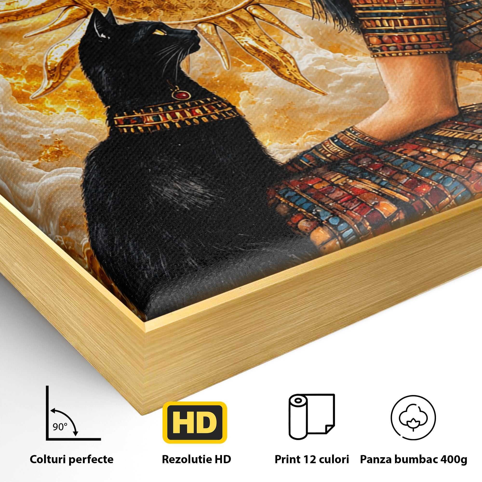 Tablou Canvas Premium LuxCanva® T1050, Regina Egipteana Cu Pisica, Egipt, Pisica, Soare, Mitologie, Dormitor, Culori Vibrante