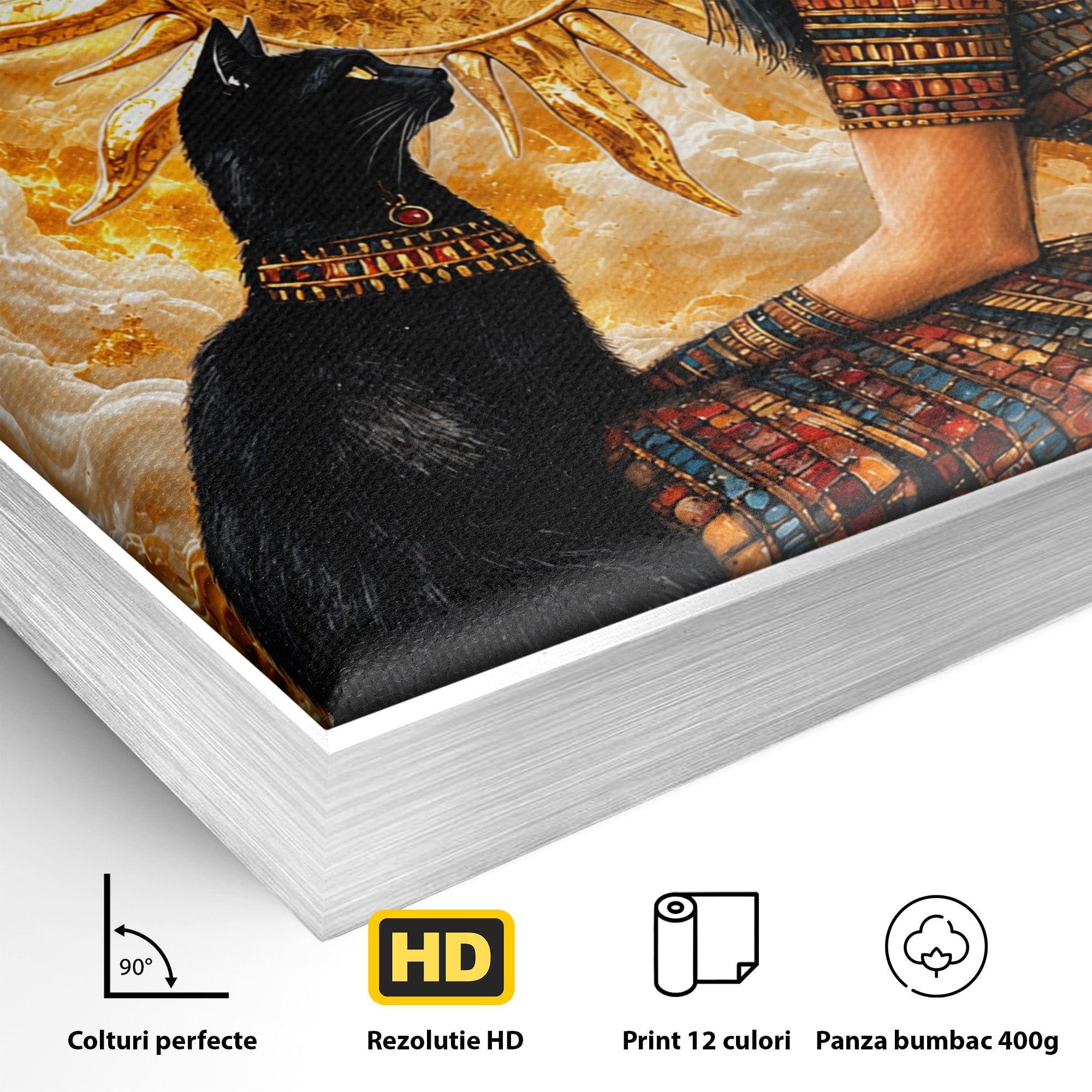 Tablou Canvas Premium LuxCanva® T1050, Regina Egipteana Cu Pisica, Egipt, Pisica, Soare, Mitologie, Dormitor, Culori Vibrante
