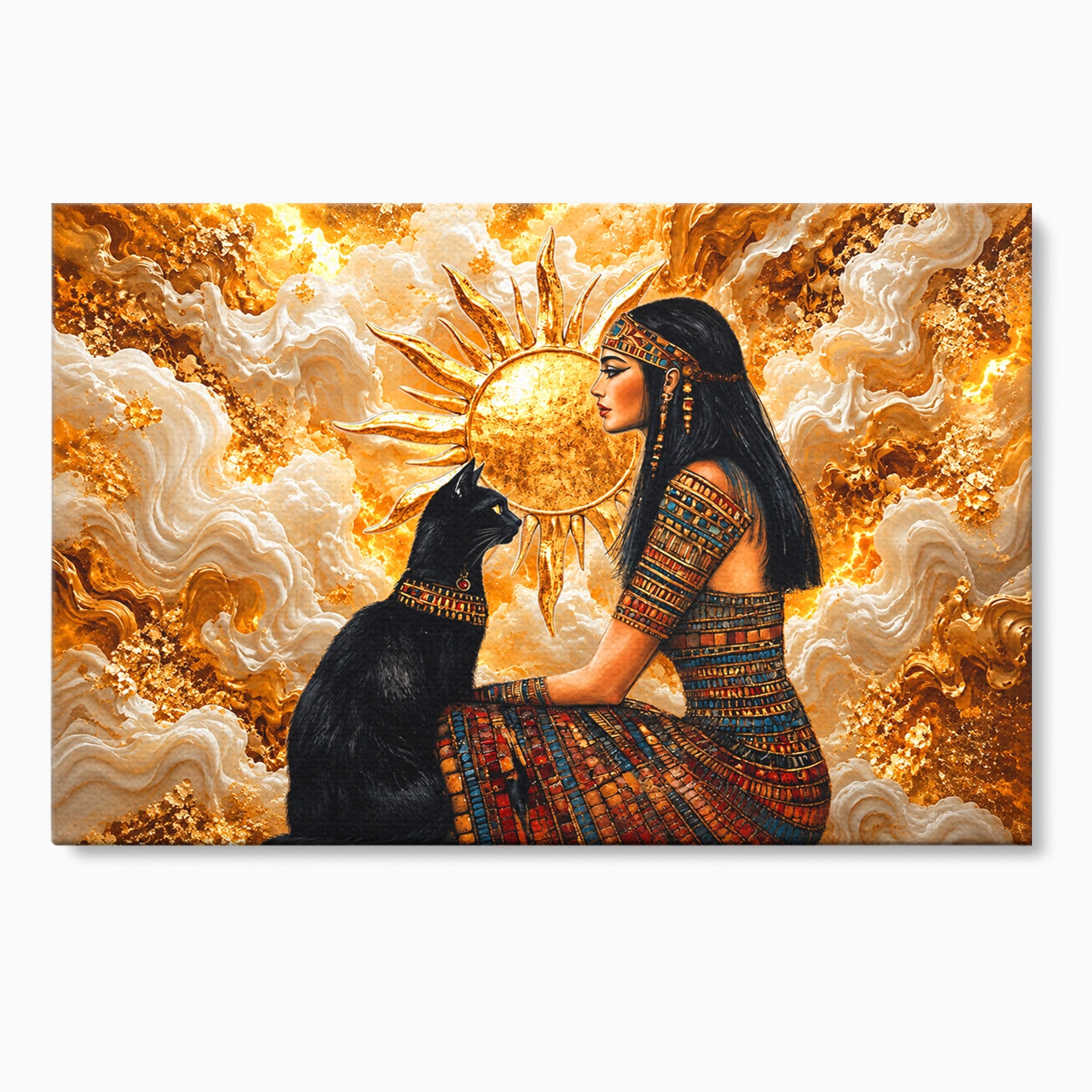 Tablou Canvas Premium LuxCanva® T1050, Regina Egipteana Cu Pisica, Egipt, Pisica, Soare, Mitologie, Dormitor, Culori Vibrante