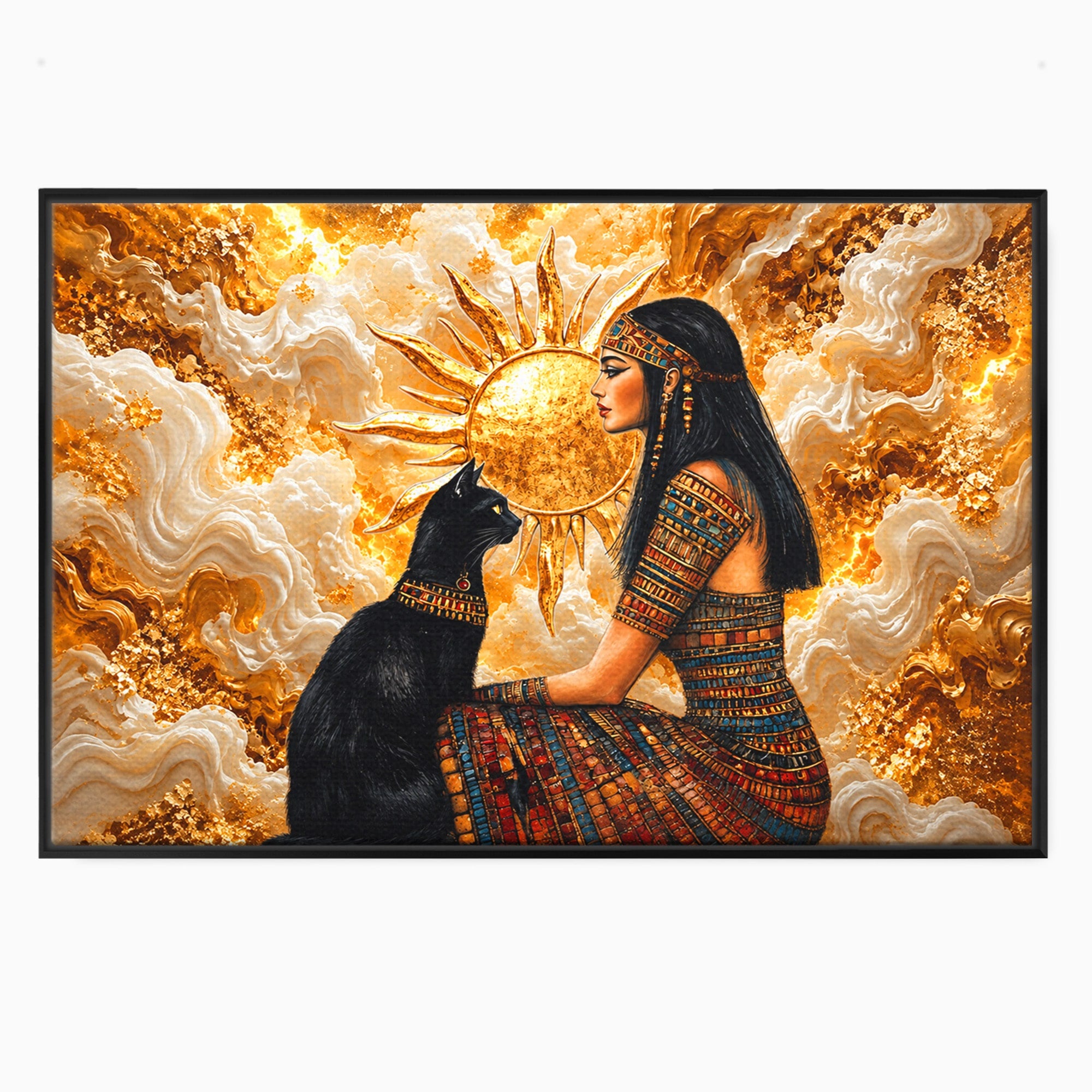 Tablou Canvas Premium LuxCanva® T1050, Regina Egipteana Cu Pisica, Egipt, Pisica, Soare, Mitologie, Dormitor, Culori Vibrante