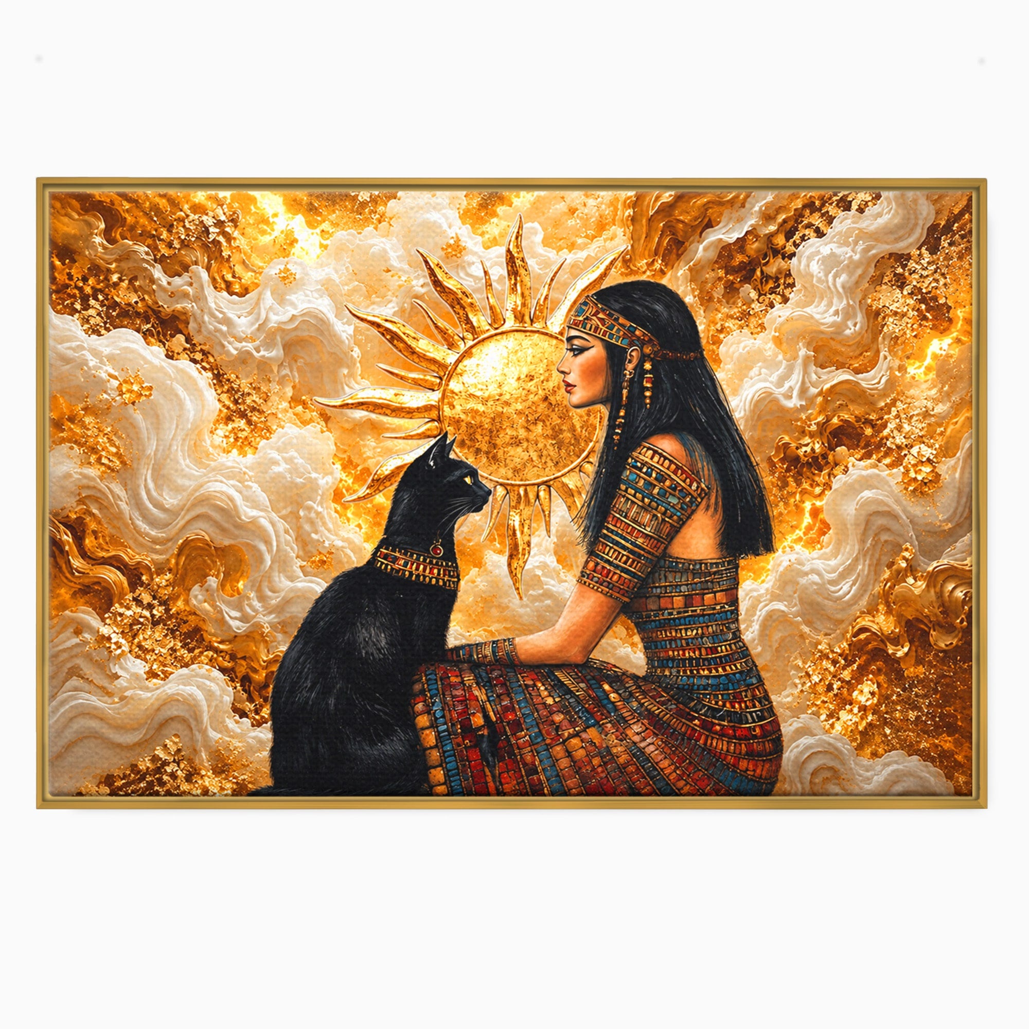 Tablou Canvas Premium LuxCanva® T1050, Regina Egipteana Cu Pisica, Egipt, Pisica, Soare, Mitologie, Dormitor, Culori Vibrante