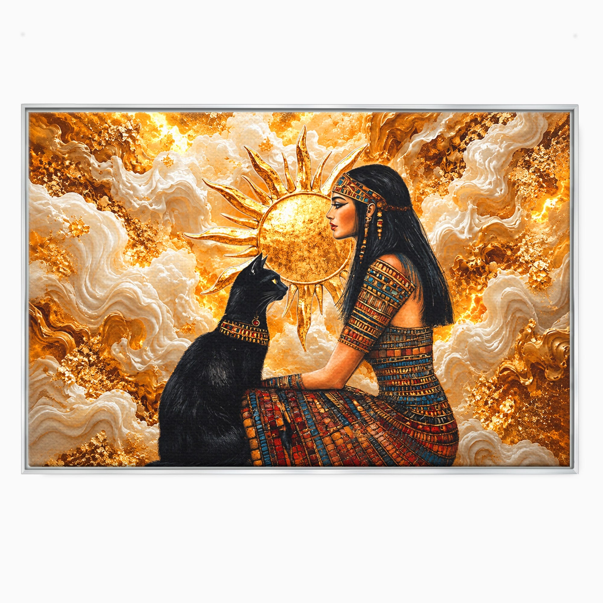 Tablou Canvas Premium LuxCanva® T1050, Regina Egipteana Cu Pisica, Egipt, Pisica, Soare, Mitologie, Dormitor, Culori Vibrante