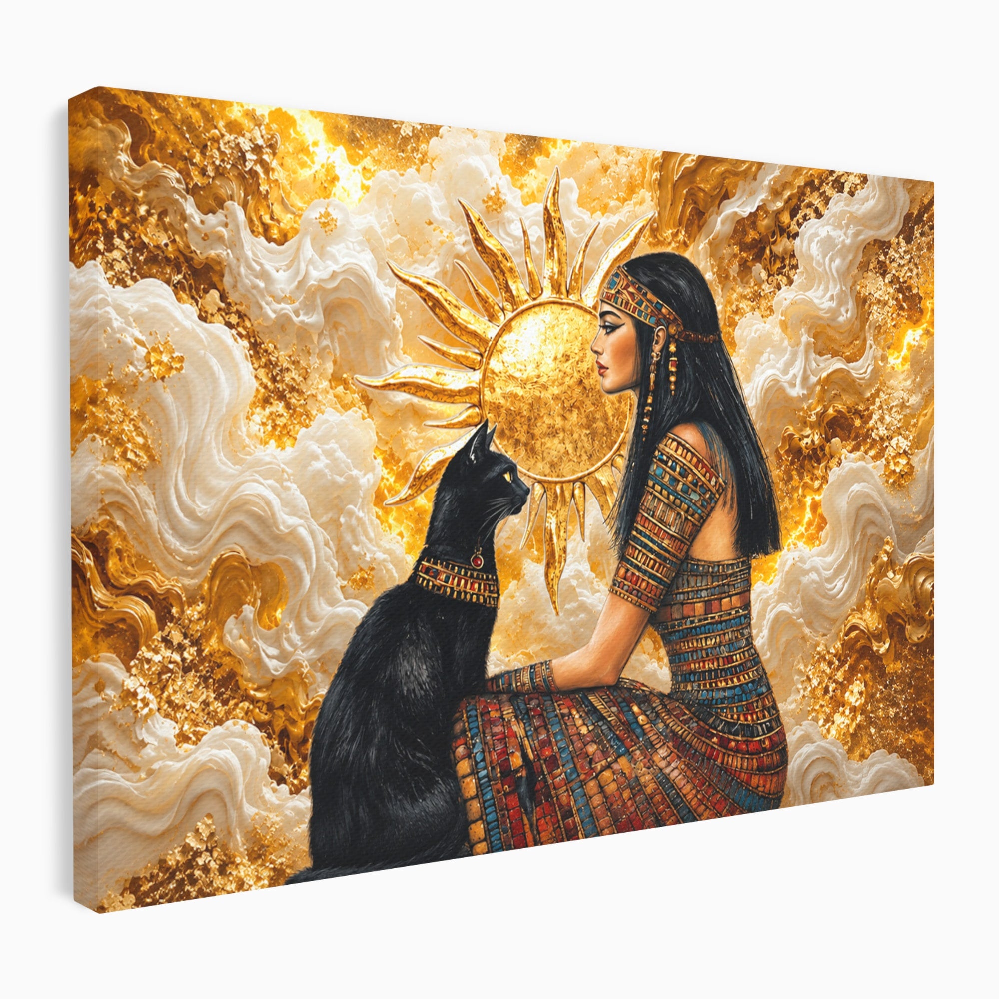 Tablou Canvas Premium LuxCanva® T1050, Regina Egipteana Cu Pisica, Egipt, Pisica, Soare, Mitologie, Dormitor, Culori Vibrante
