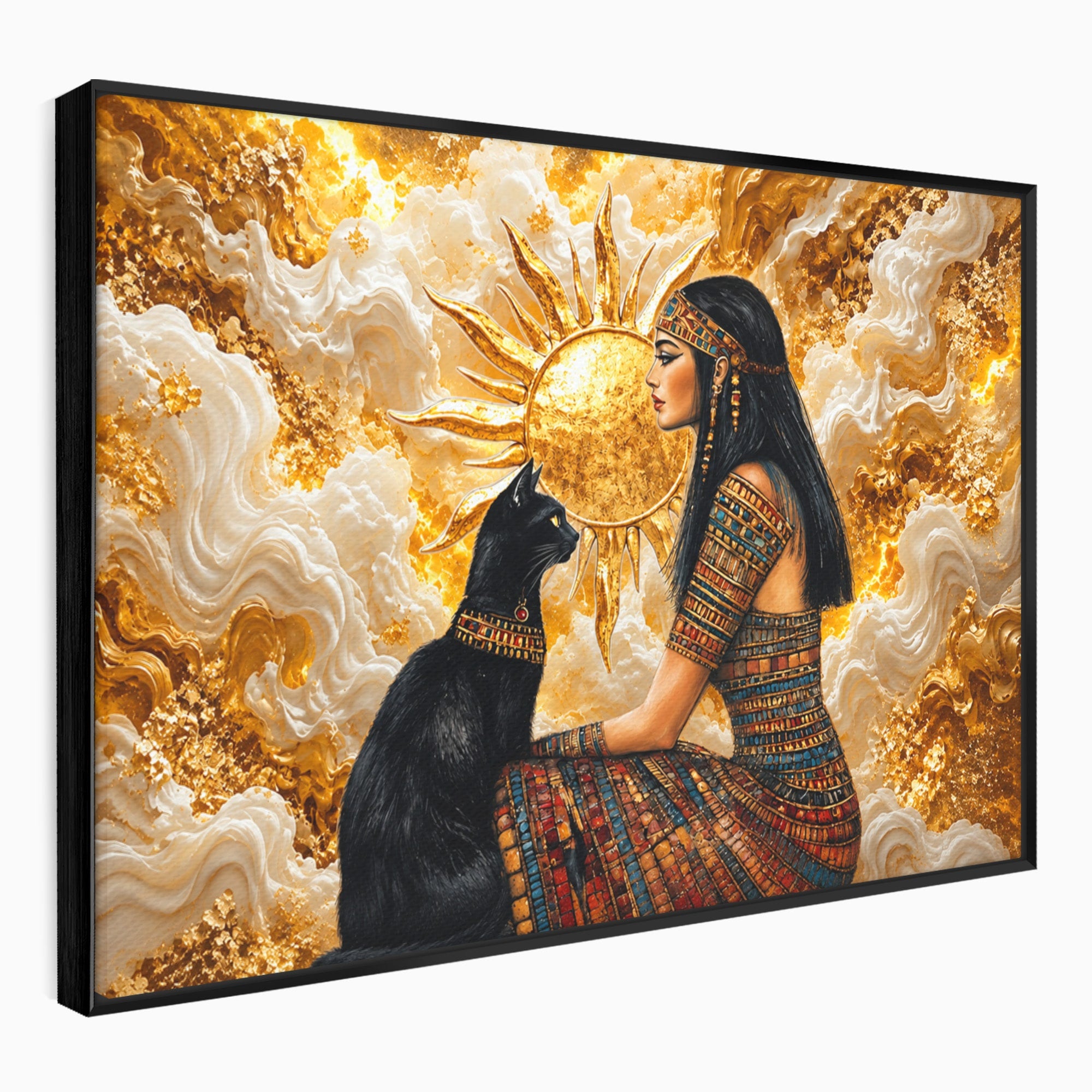 Tablou Canvas Premium LuxCanva® T1050, Regina Egipteana Cu Pisica, Egipt, Pisica, Soare, Mitologie, Dormitor, Culori Vibrante