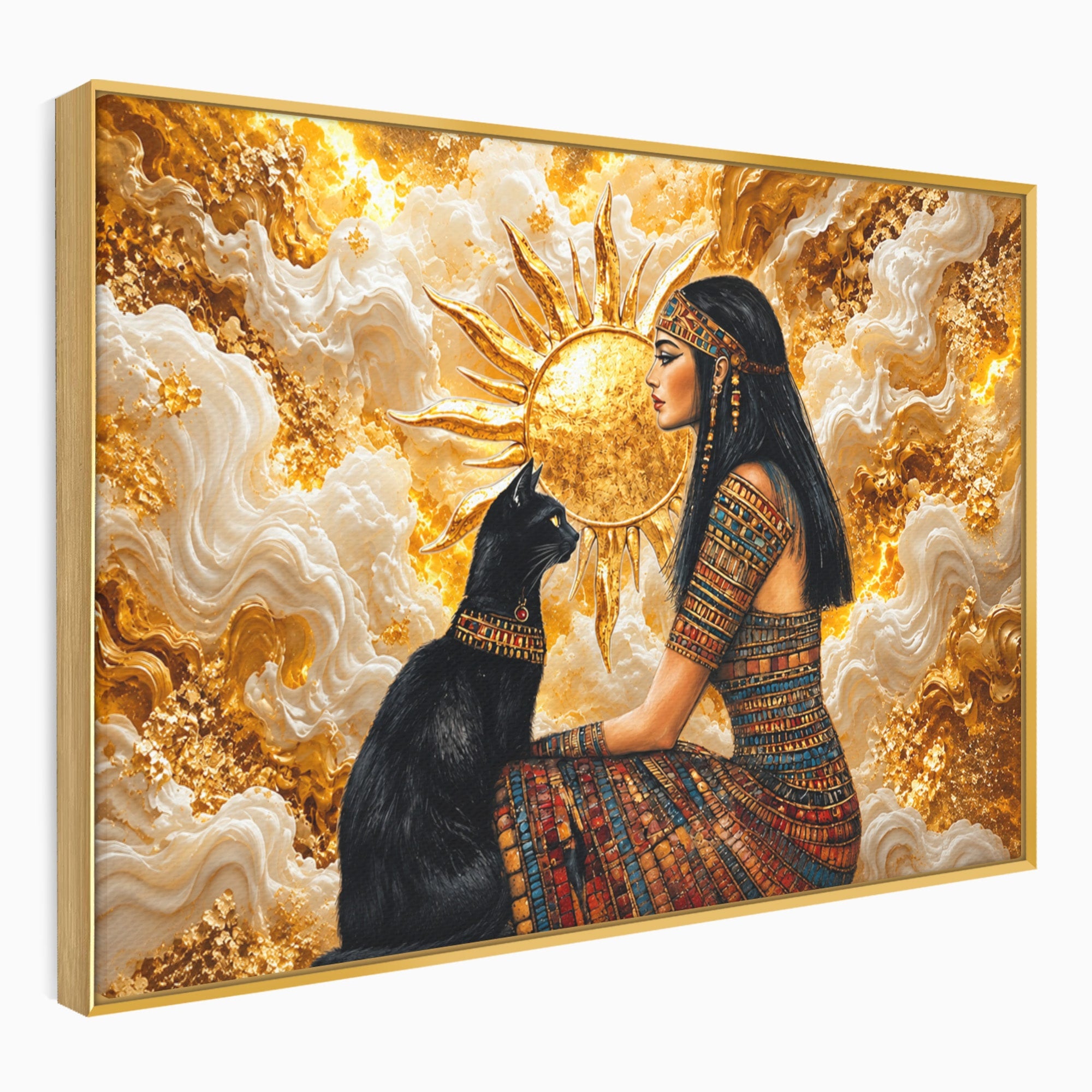 Tablou Canvas Premium LuxCanva® T1050, Regina Egipteana Cu Pisica, Egipt, Pisica, Soare, Mitologie, Dormitor, Culori Vibrante