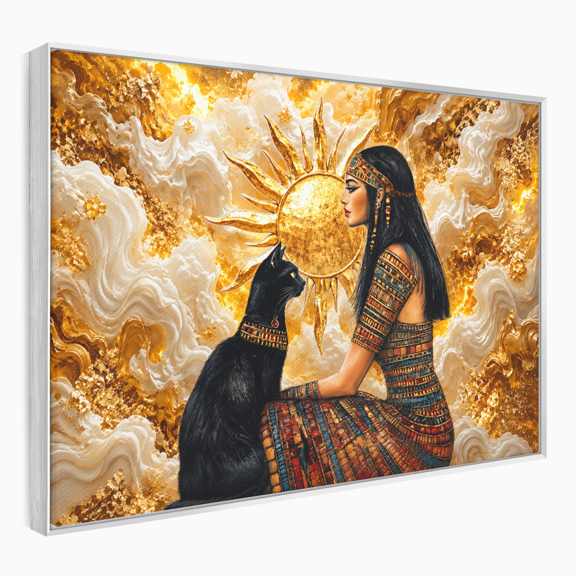 Tablou Canvas Premium LuxCanva® T1050, Regina Egipteana Cu Pisica, Egipt, Pisica, Soare, Mitologie, Dormitor, Culori Vibrante