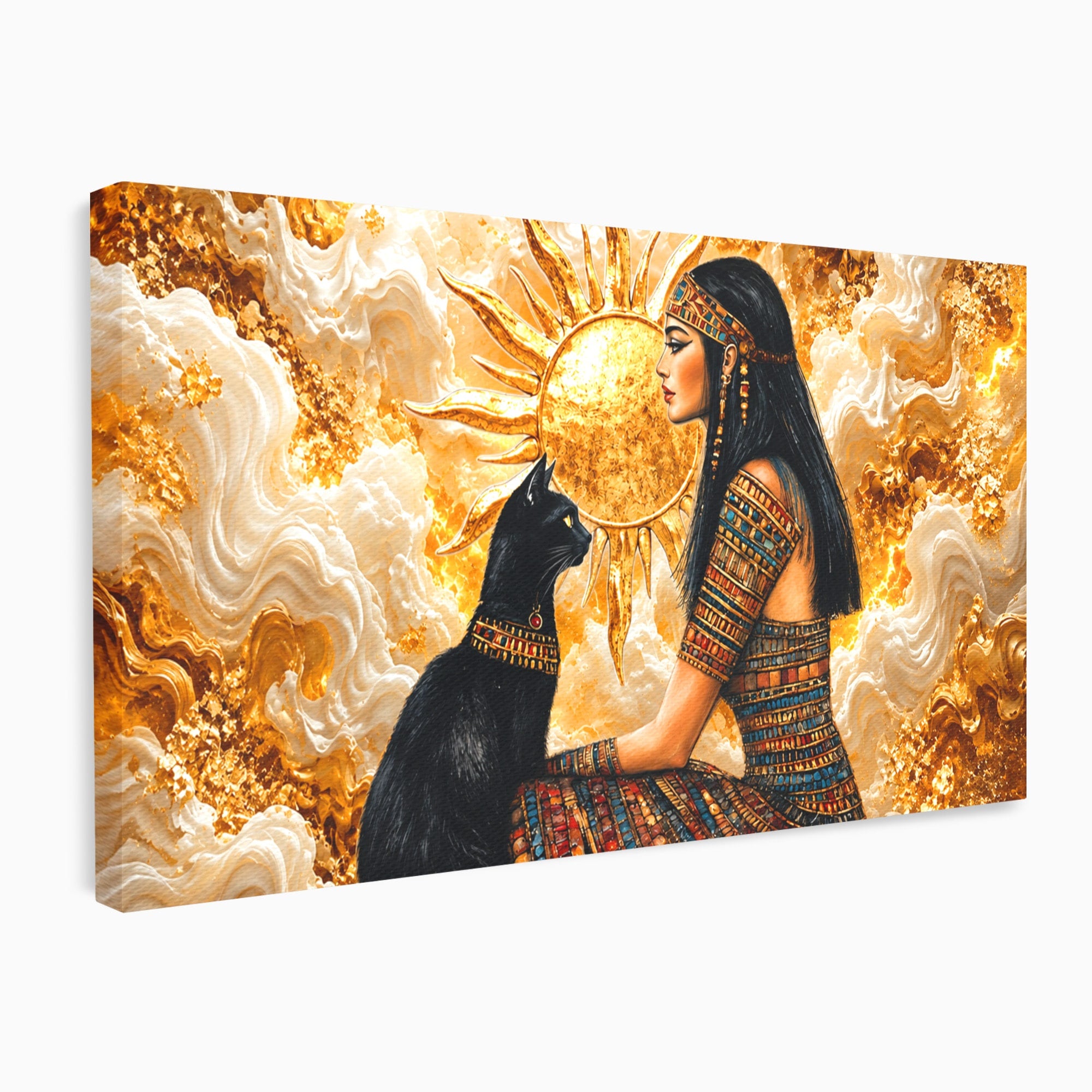 Tablou Canvas Premium LuxCanva® T1050, Regina Egipteana Cu Pisica, Egipt, Pisica, Soare, Mitologie, Dormitor, Culori Vibrante