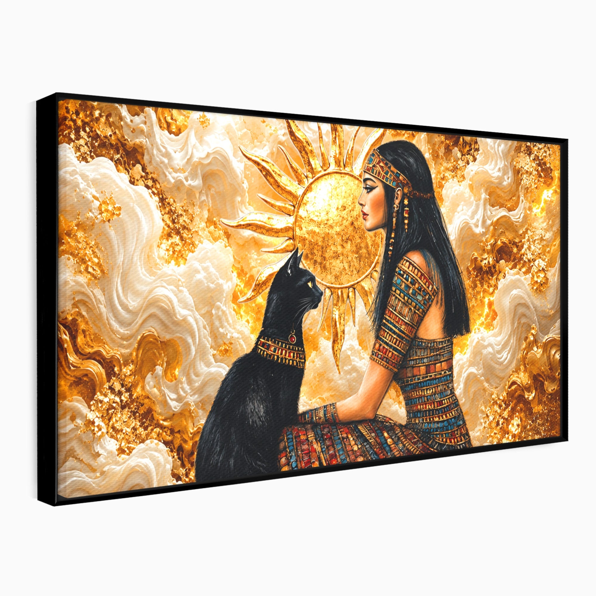 Tablou Canvas Premium LuxCanva® T1050, Regina Egipteana Cu Pisica, Egipt, Pisica, Soare, Mitologie, Dormitor, Culori Vibrante