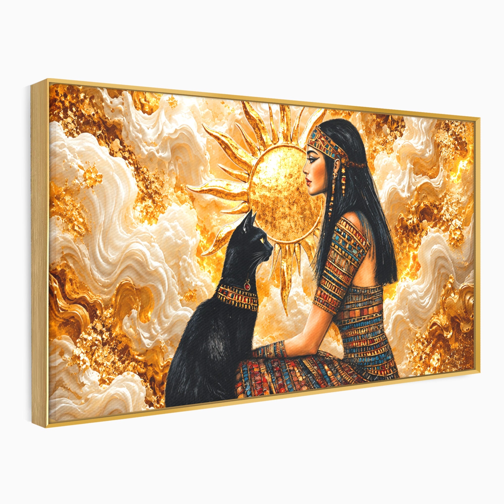 Tablou Canvas Premium LuxCanva® T1050, Regina Egipteana Cu Pisica, Egipt, Pisica, Soare, Mitologie, Dormitor, Culori Vibrante
