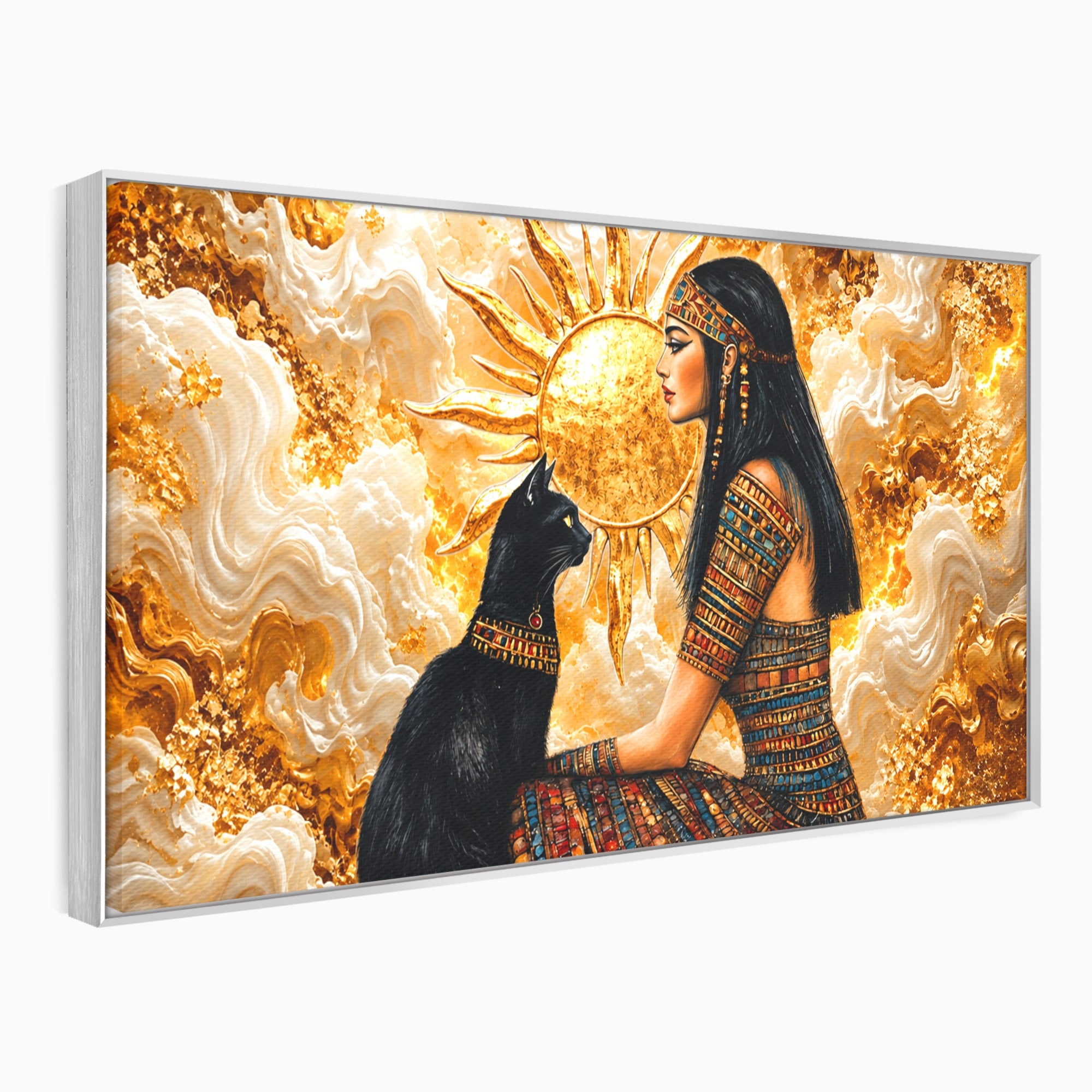 Tablou Canvas Premium LuxCanva® T1050, Regina Egipteana Cu Pisica, Egipt, Pisica, Soare, Mitologie, Dormitor, Culori Vibrante