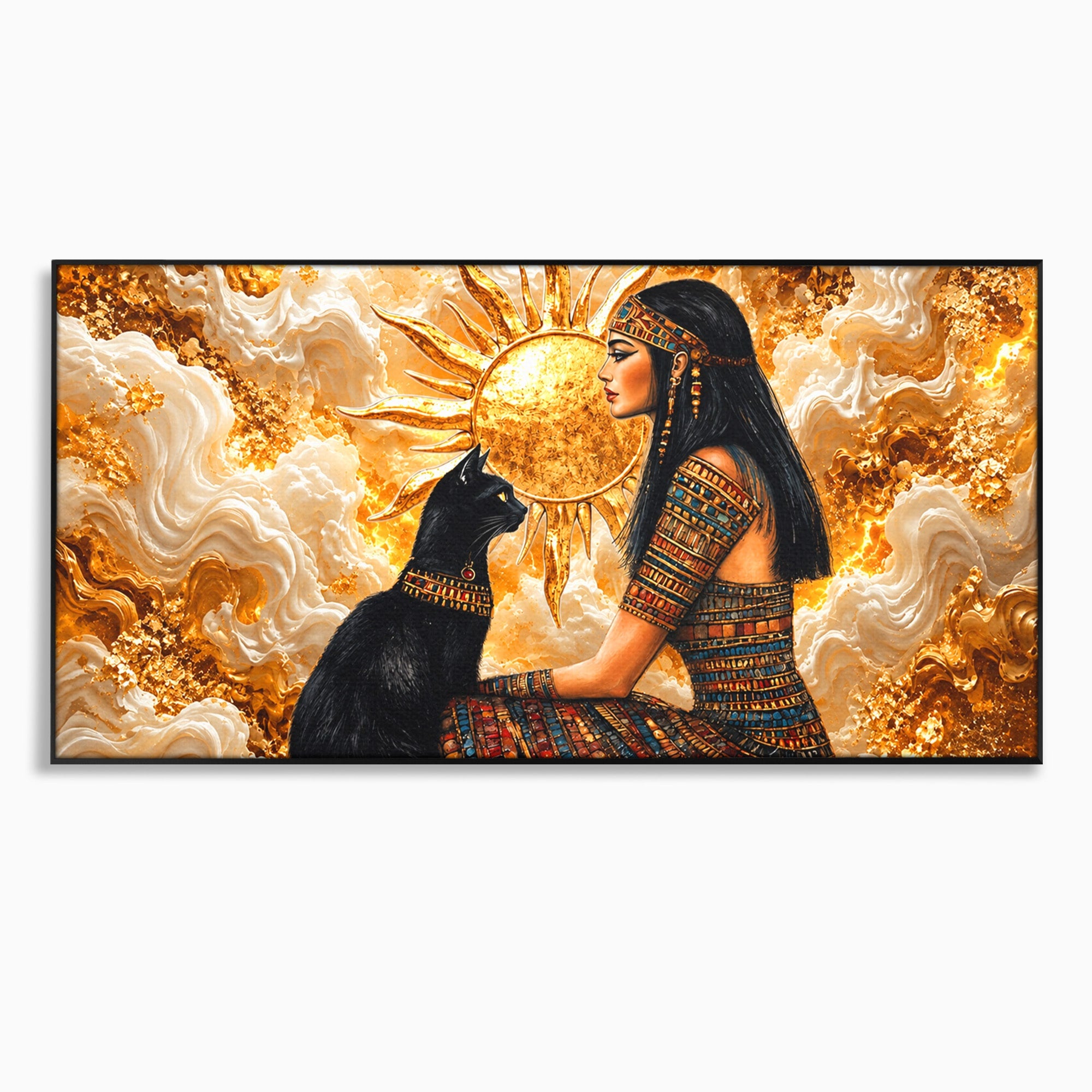 Tablou Canvas Premium LuxCanva® T1050, Regina Egipteana Cu Pisica, Egipt, Pisica, Soare, Mitologie, Dormitor, Culori Vibrante