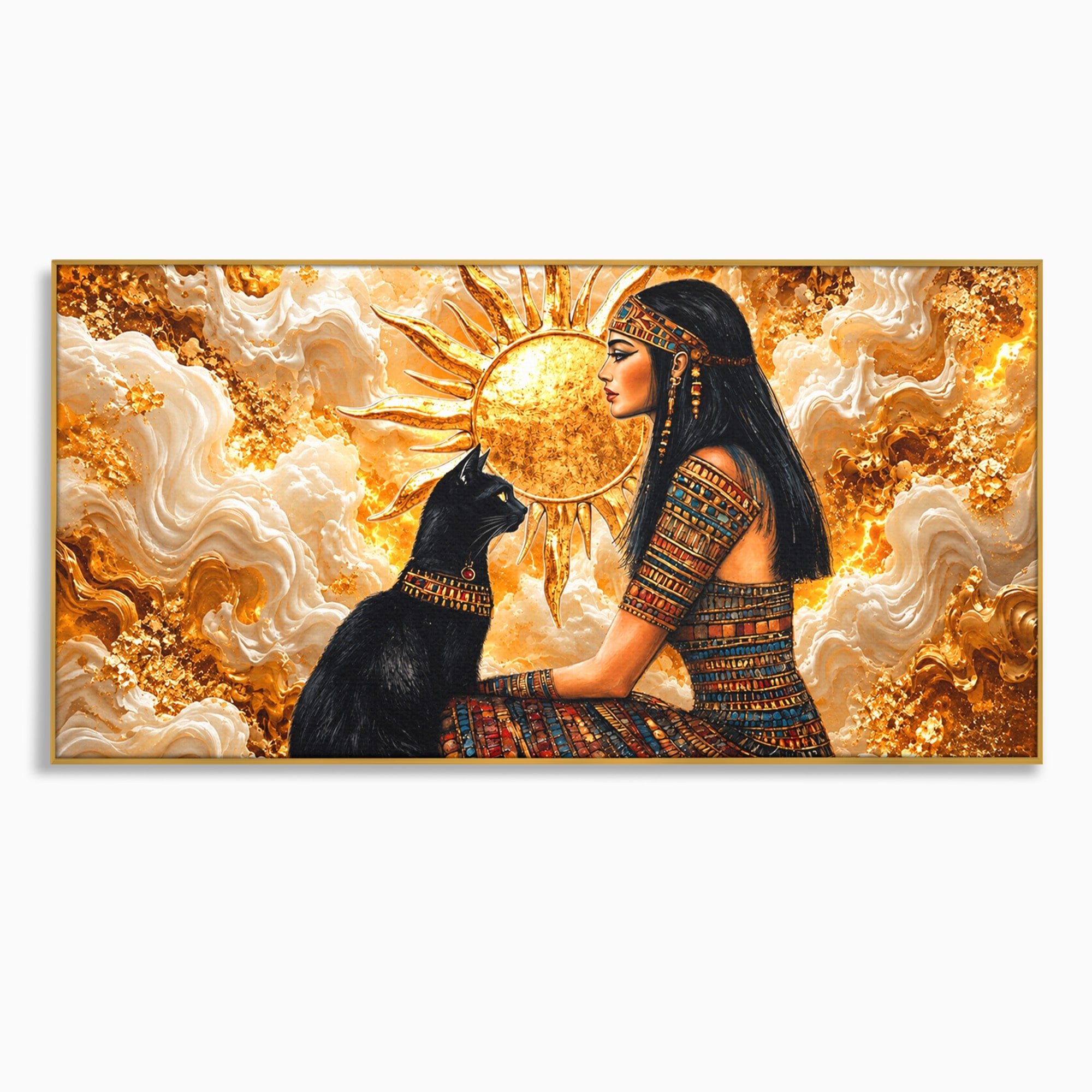 Tablou Canvas Premium LuxCanva® T1050, Regina Egipteana Cu Pisica, Egipt, Pisica, Soare, Mitologie, Dormitor, Culori Vibrante
