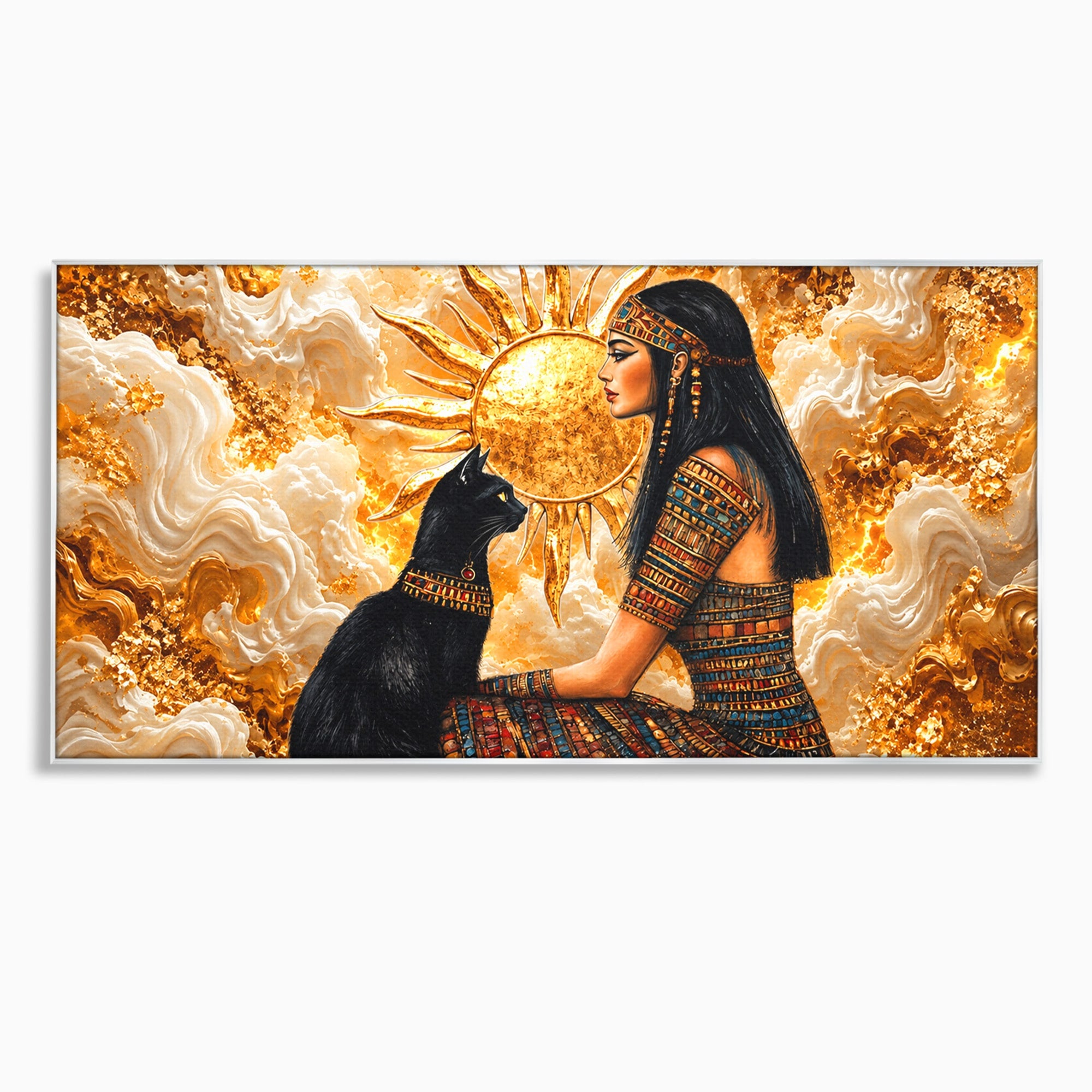 Tablou Canvas Premium LuxCanva® T1050, Regina Egipteana Cu Pisica, Egipt, Pisica, Soare, Mitologie, Dormitor, Culori Vibrante