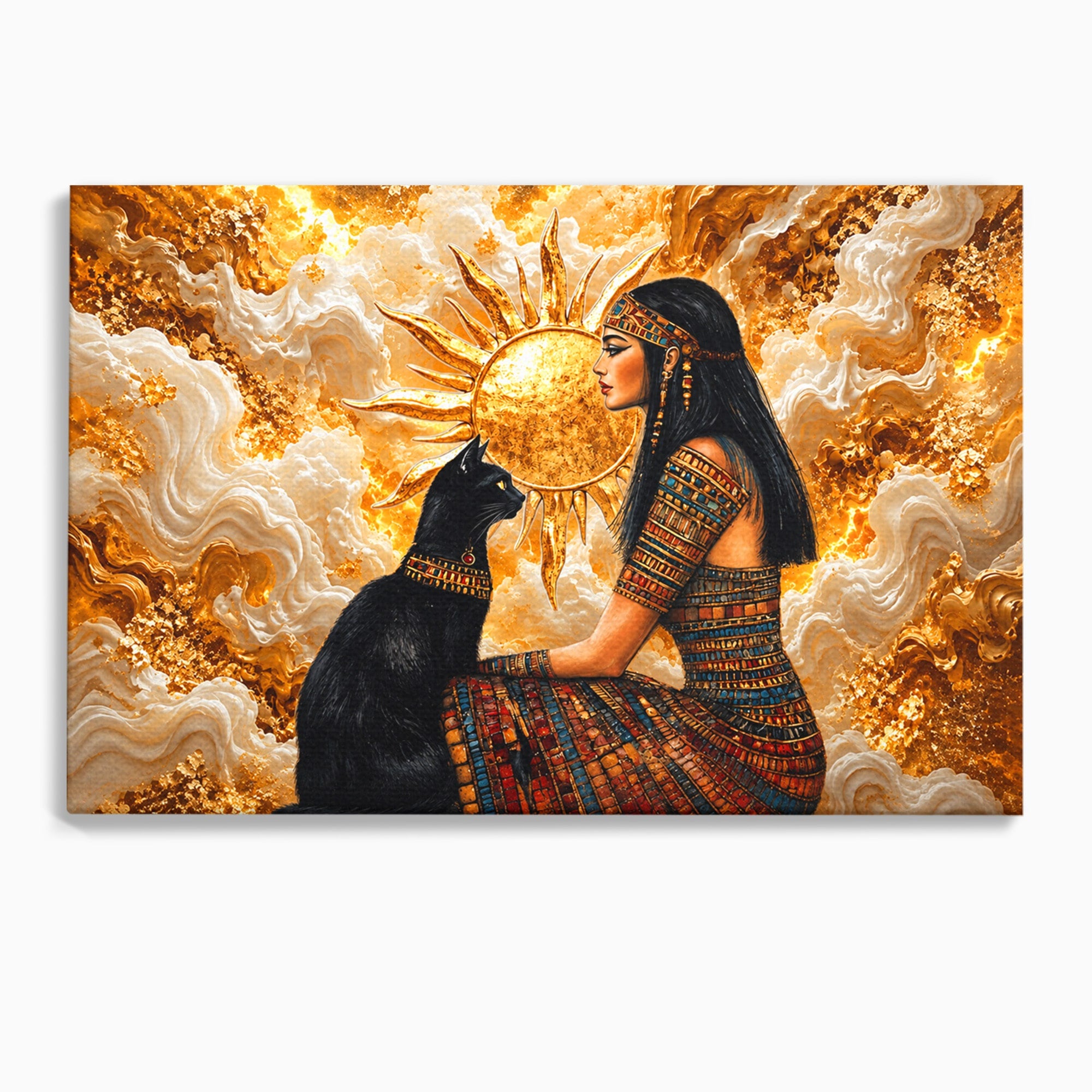 Tablou Canvas Premium LuxCanva® T1050, Regina Egipteana Cu Pisica, Egipt, Pisica, Soare, Mitologie, Dormitor, Culori Vibrante