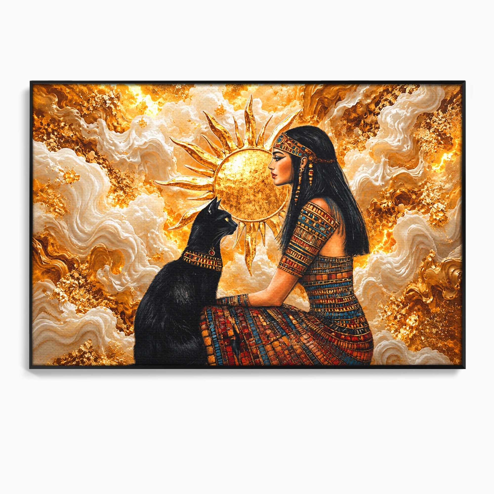 Tablou Canvas Premium LuxCanva® T1050, Regina Egipteana Cu Pisica, Egipt, Pisica, Soare, Mitologie, Dormitor, Culori Vibrante