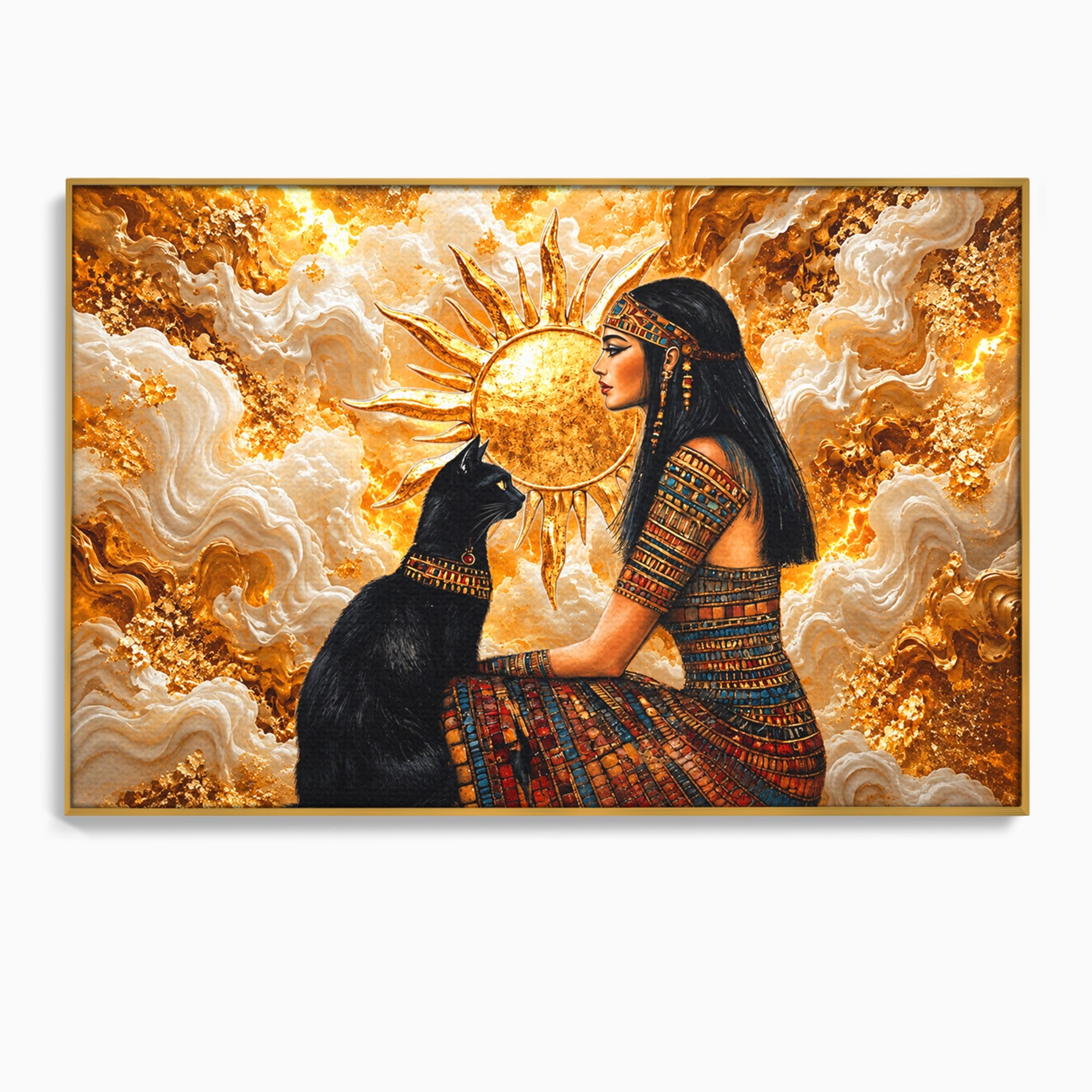 Tablou Canvas Premium LuxCanva® T1050, Regina Egipteana Cu Pisica, Egipt, Pisica, Soare, Mitologie, Dormitor, Culori Vibrante