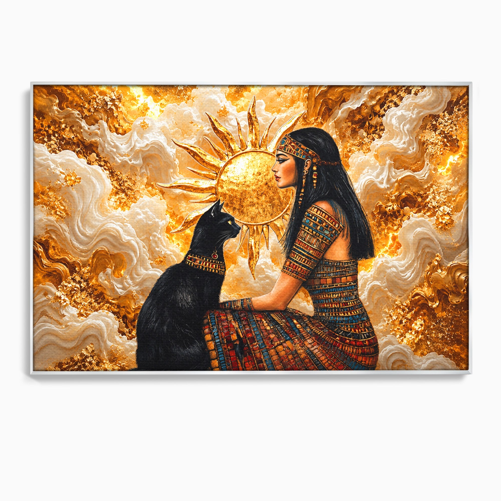 Tablou Canvas Premium LuxCanva® T1050, Regina Egipteana Cu Pisica, Egipt, Pisica, Soare, Mitologie, Dormitor, Culori Vibrante
