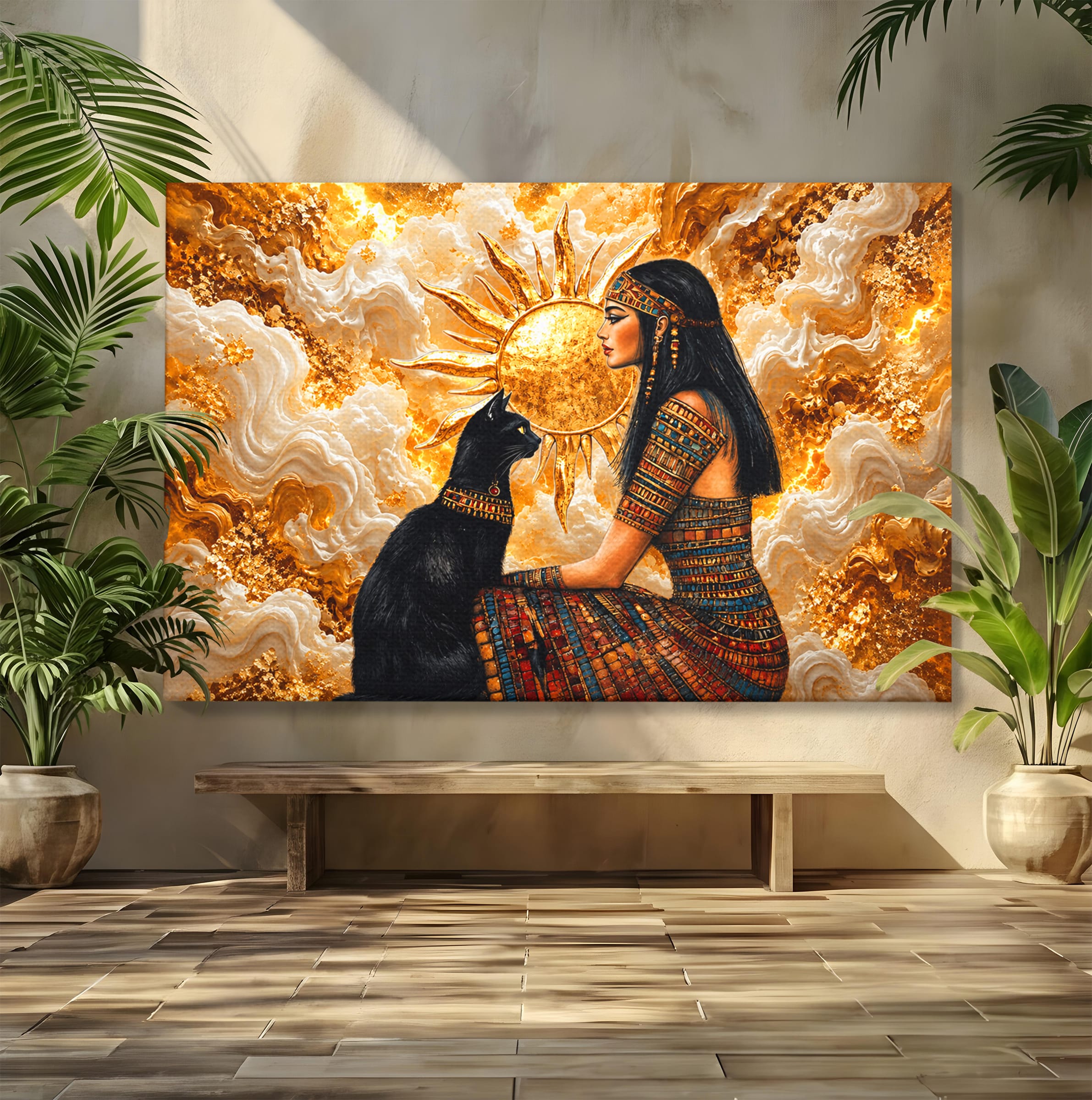 Tablou Canvas Premium LuxCanva® T1050, Regina Egipteana Cu Pisica, Egipt, Pisica, Soare, Mitologie, Dormitor, Culori Vibrante