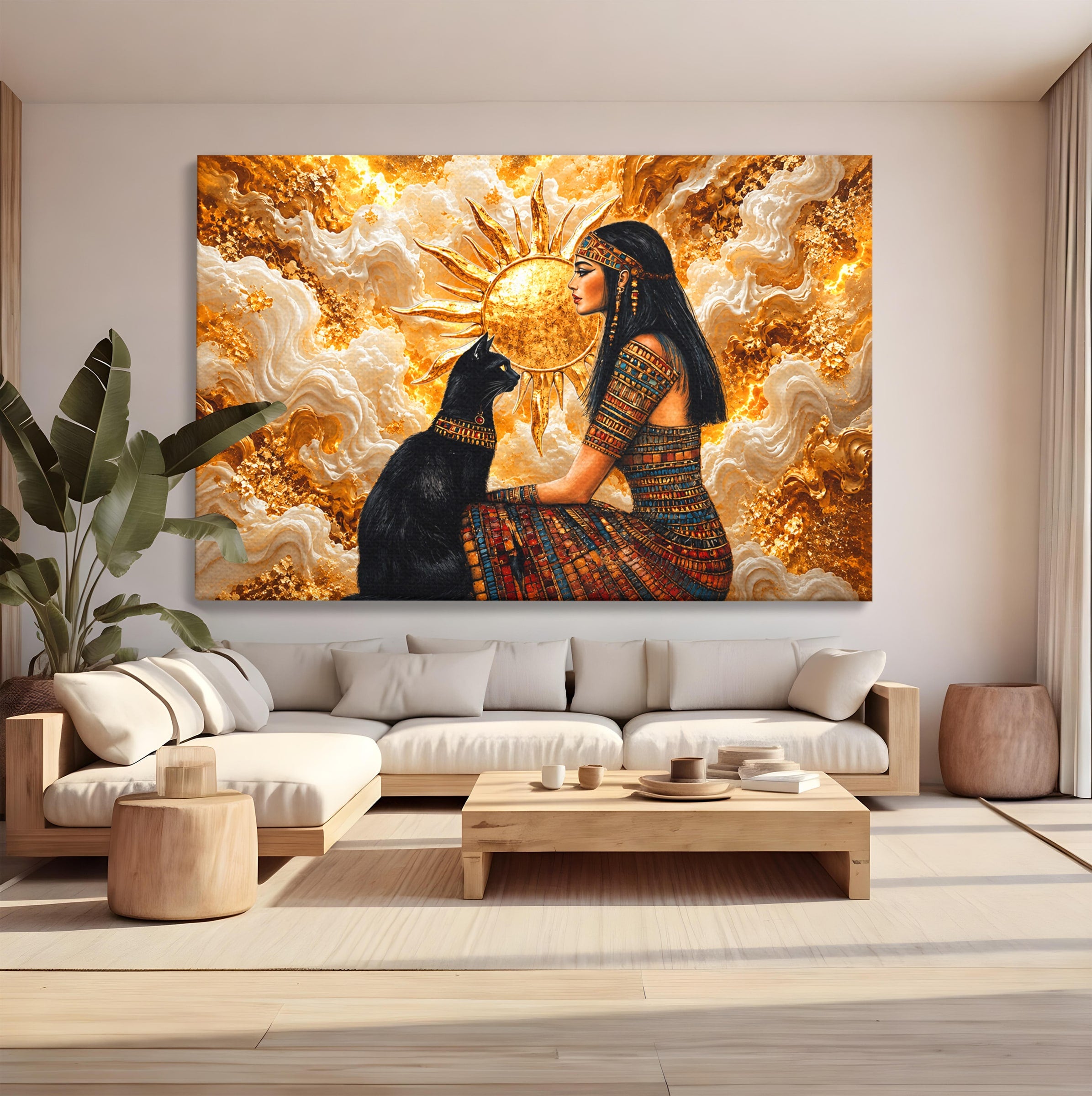 Tablou Canvas Premium LuxCanva® T1050, Regina Egipteana Cu Pisica, Egipt, Pisica, Soare, Mitologie, Dormitor, Culori Vibrante