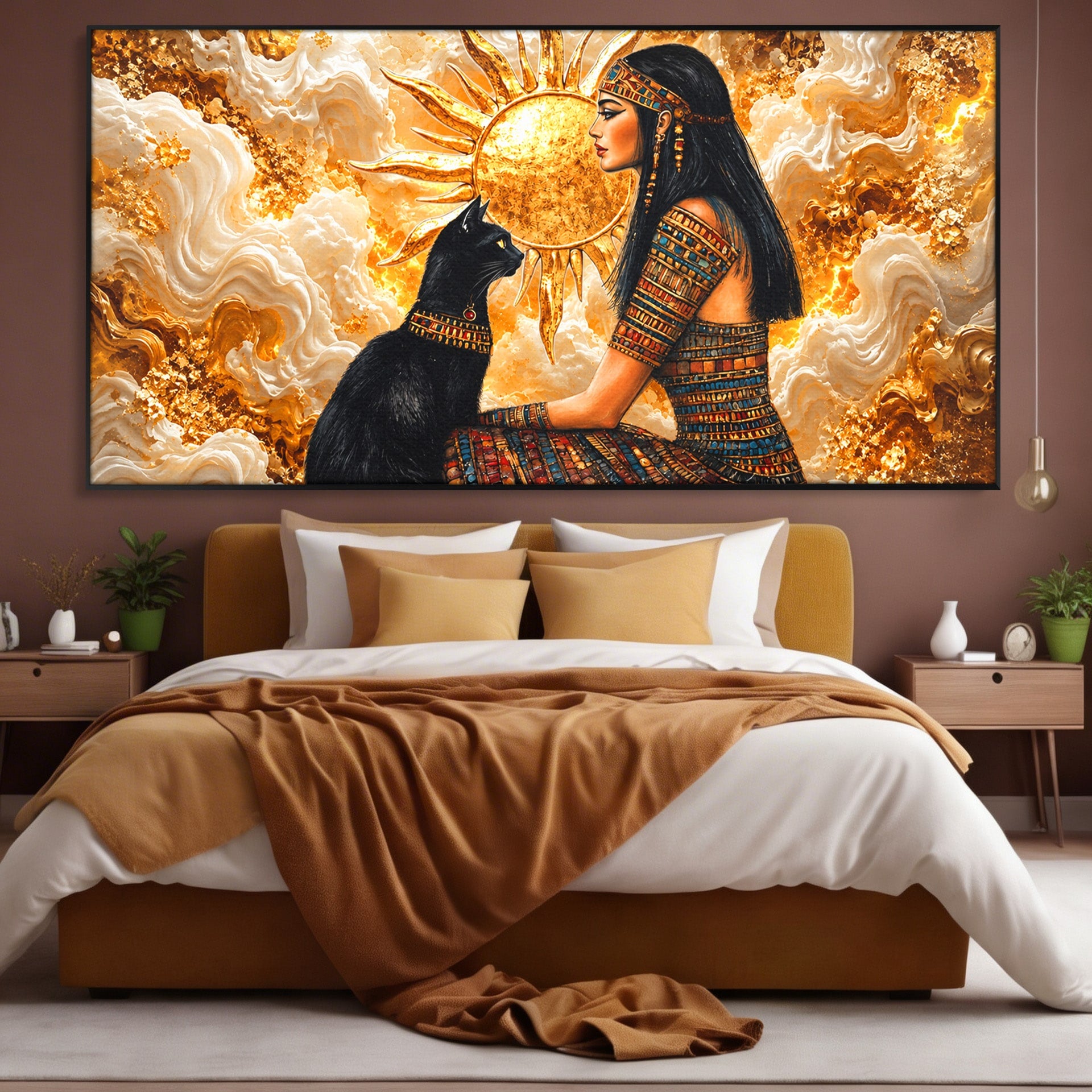 Tablou Canvas Premium LuxCanva® T1050, Regina Egipteana Cu Pisica, Egipt, Pisica, Soare, Mitologie, Dormitor, Culori Vibrante