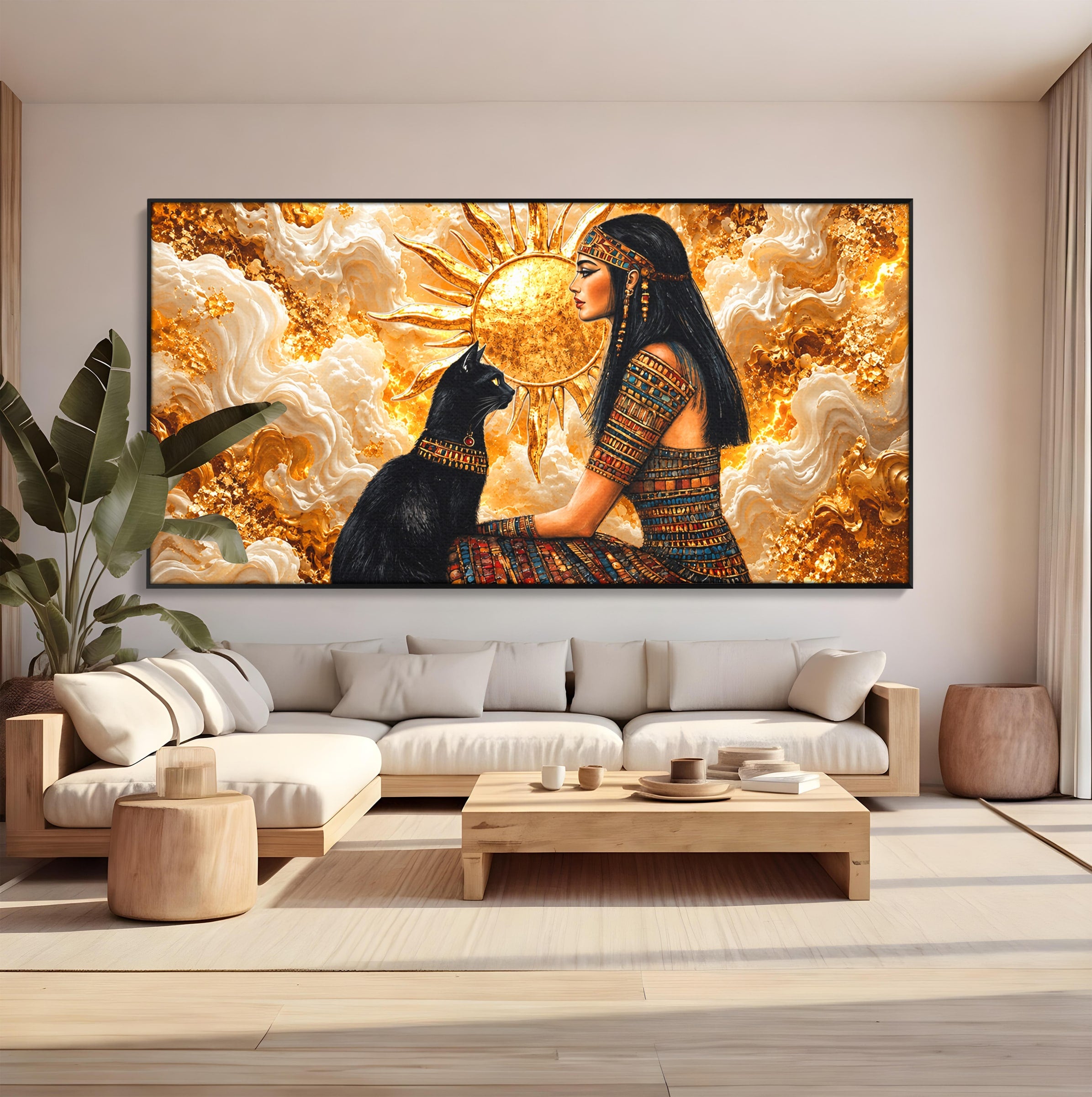 Tablou Canvas Premium LuxCanva® T1050, Regina Egipteana Cu Pisica, Egipt, Pisica, Soare, Mitologie, Dormitor, Culori Vibrante