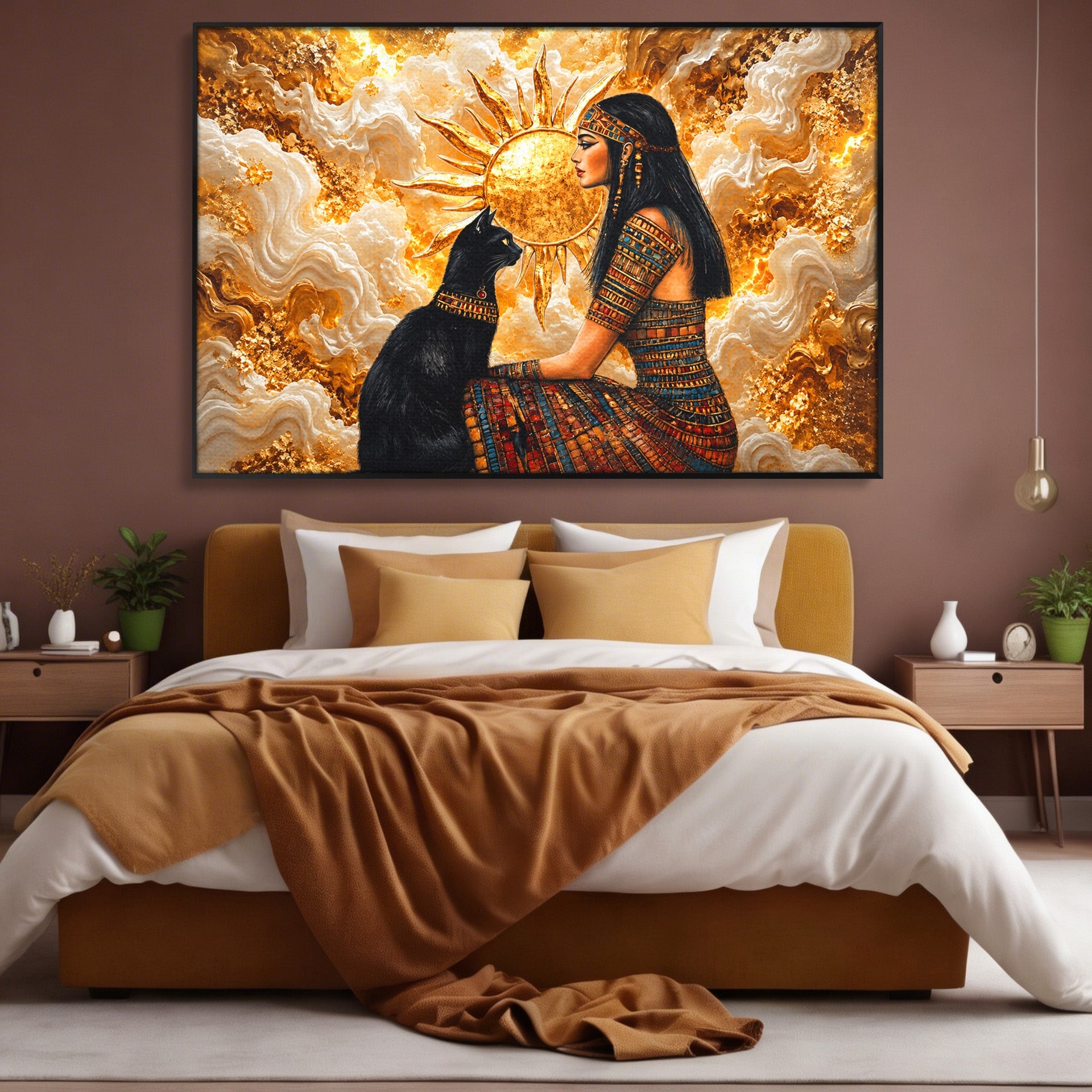 Tablou Canvas Premium LuxCanva® T1050, Regina Egipteana Cu Pisica, Egipt, Pisica, Soare, Mitologie, Dormitor, Culori Vibrante