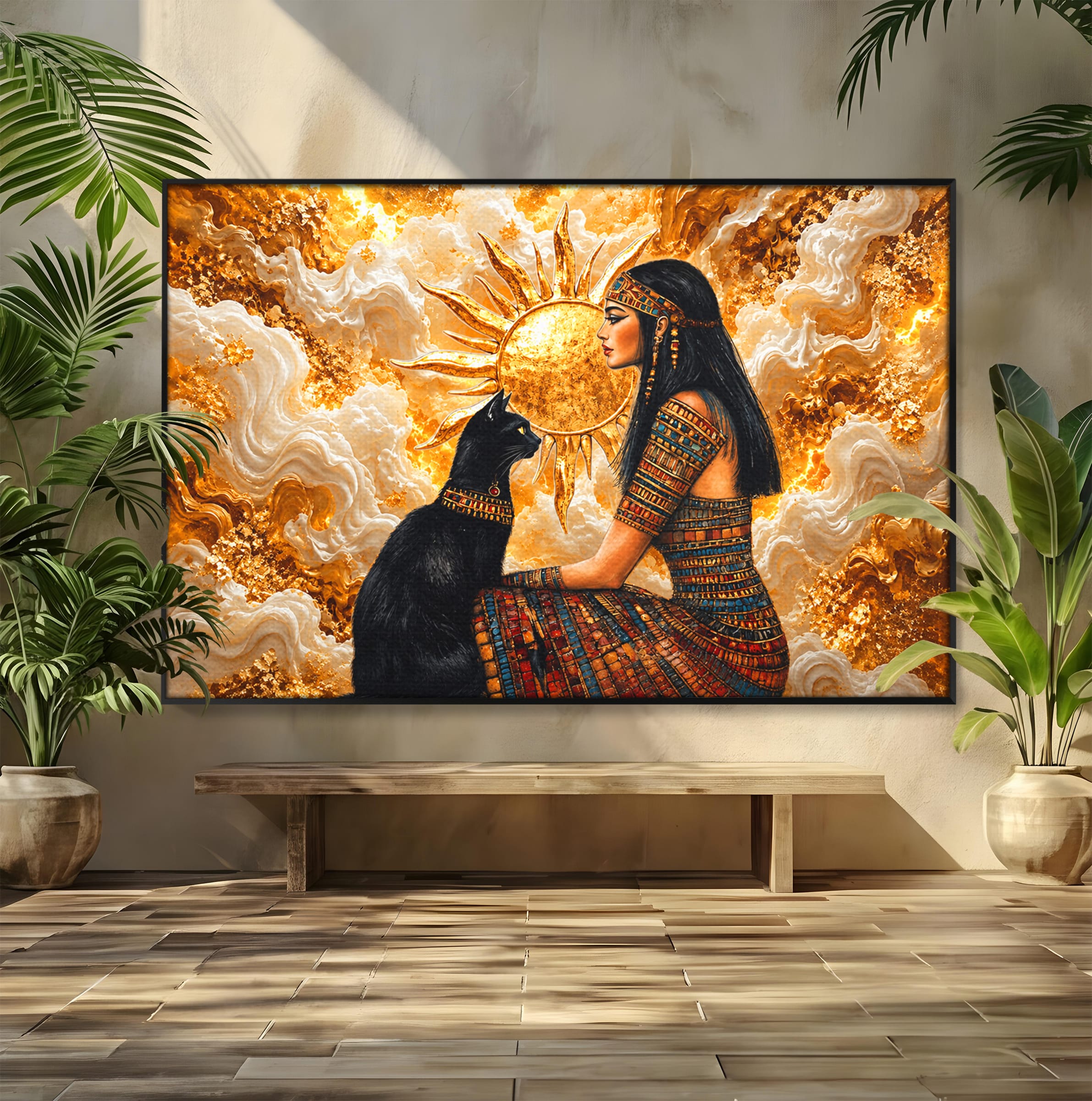 Tablou Canvas Premium LuxCanva® T1050, Regina Egipteana Cu Pisica, Egipt, Pisica, Soare, Mitologie, Dormitor, Culori Vibrante