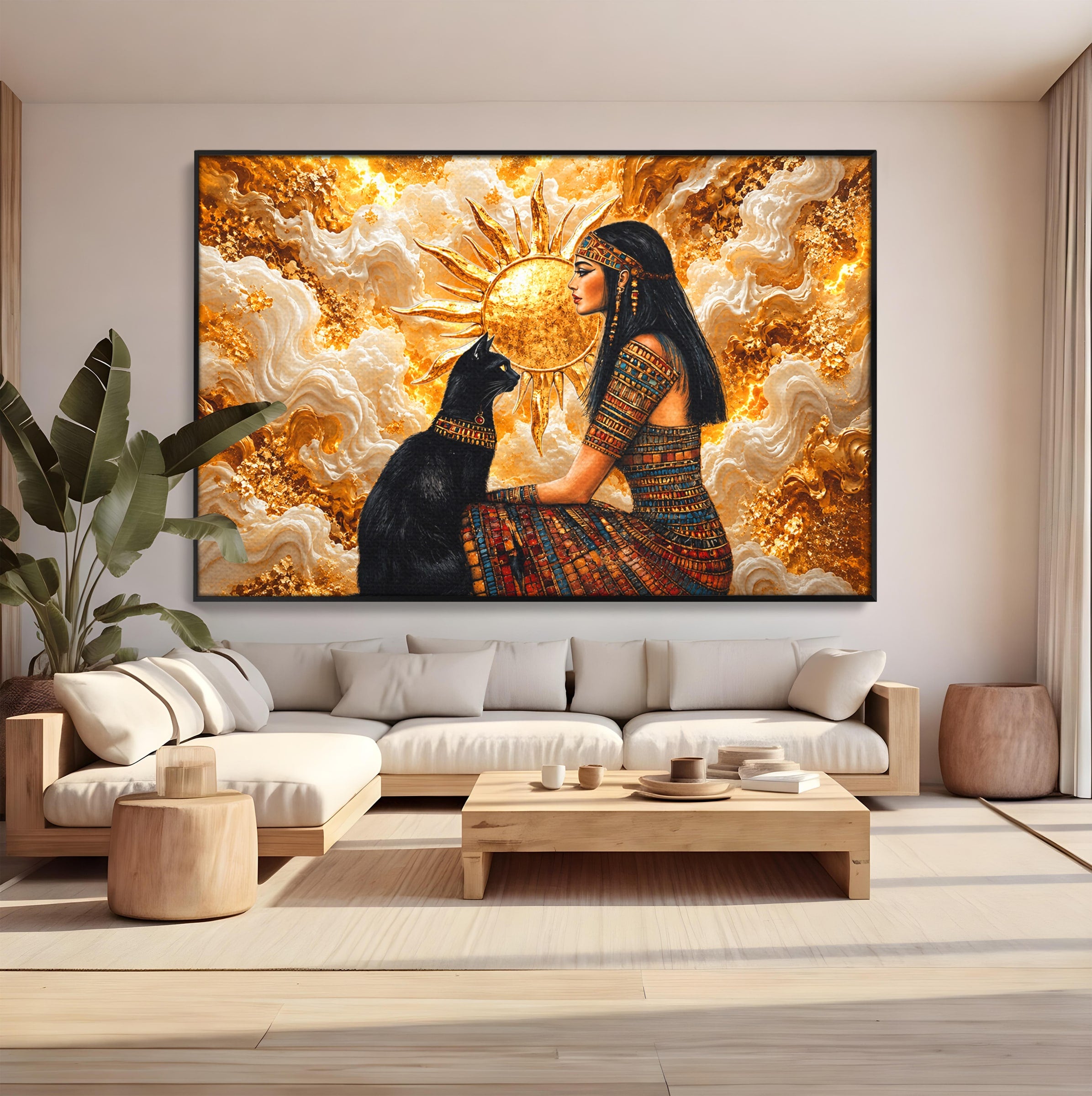 Tablou Canvas Premium LuxCanva® T1050, Regina Egipteana Cu Pisica, Egipt, Pisica, Soare, Mitologie, Dormitor, Culori Vibrante