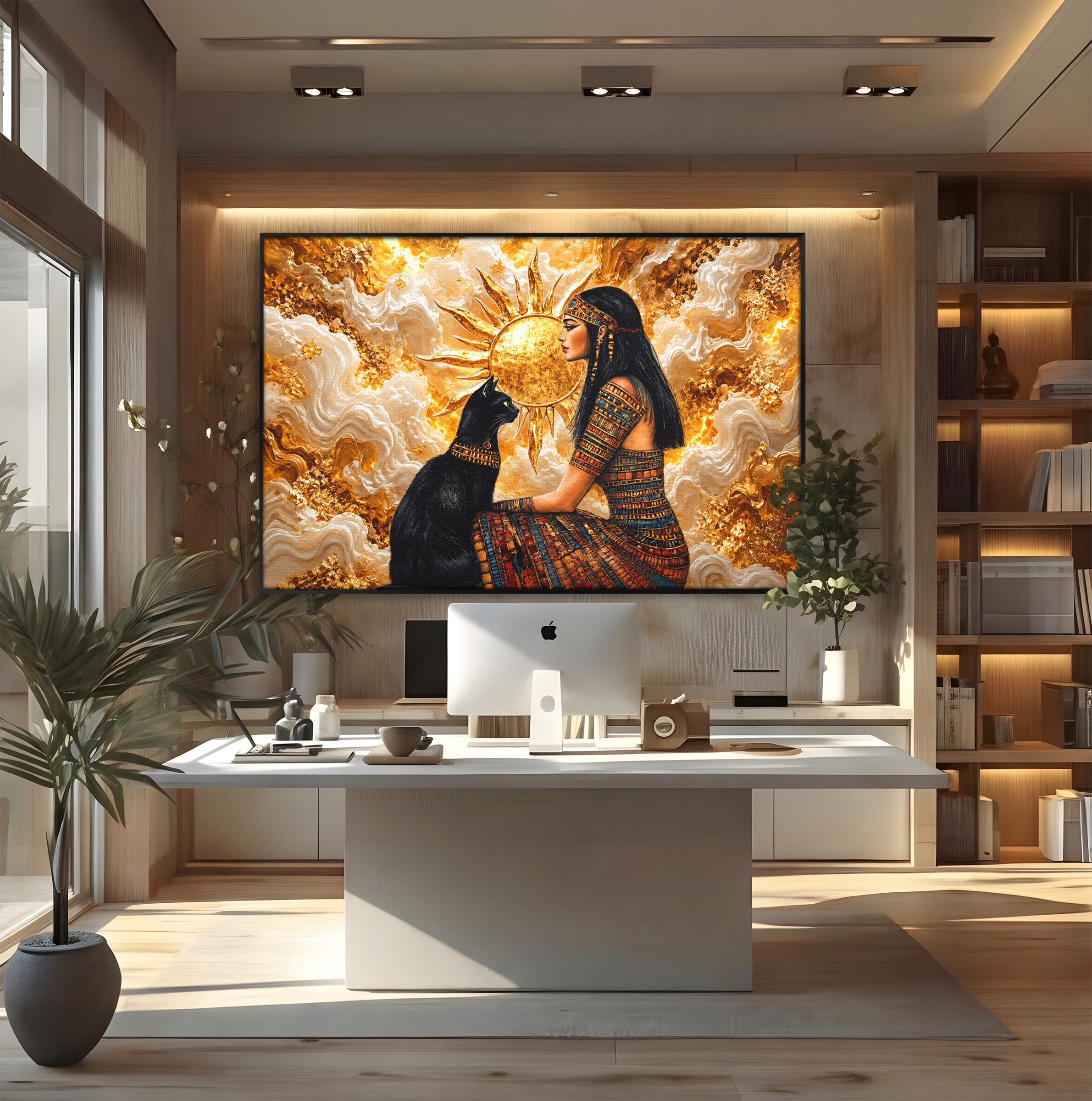 Tablou Canvas Premium LuxCanva® T1050, Regina Egipteana Cu Pisica, Egipt, Pisica, Soare, Mitologie, Dormitor, Culori Vibrante
