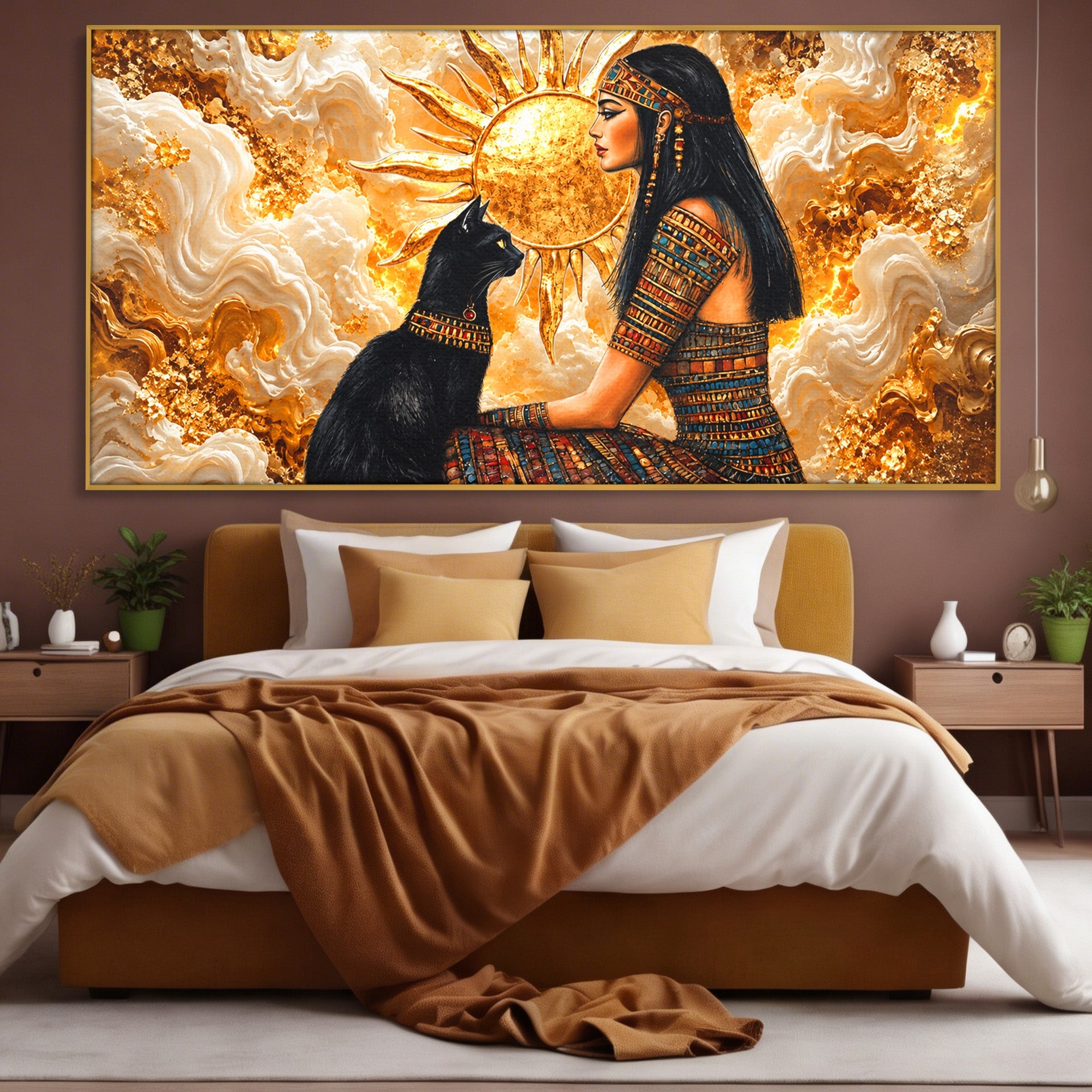 Tablou Canvas Premium LuxCanva® T1050, Regina Egipteana Cu Pisica, Egipt, Pisica, Soare, Mitologie, Dormitor, Culori Vibrante