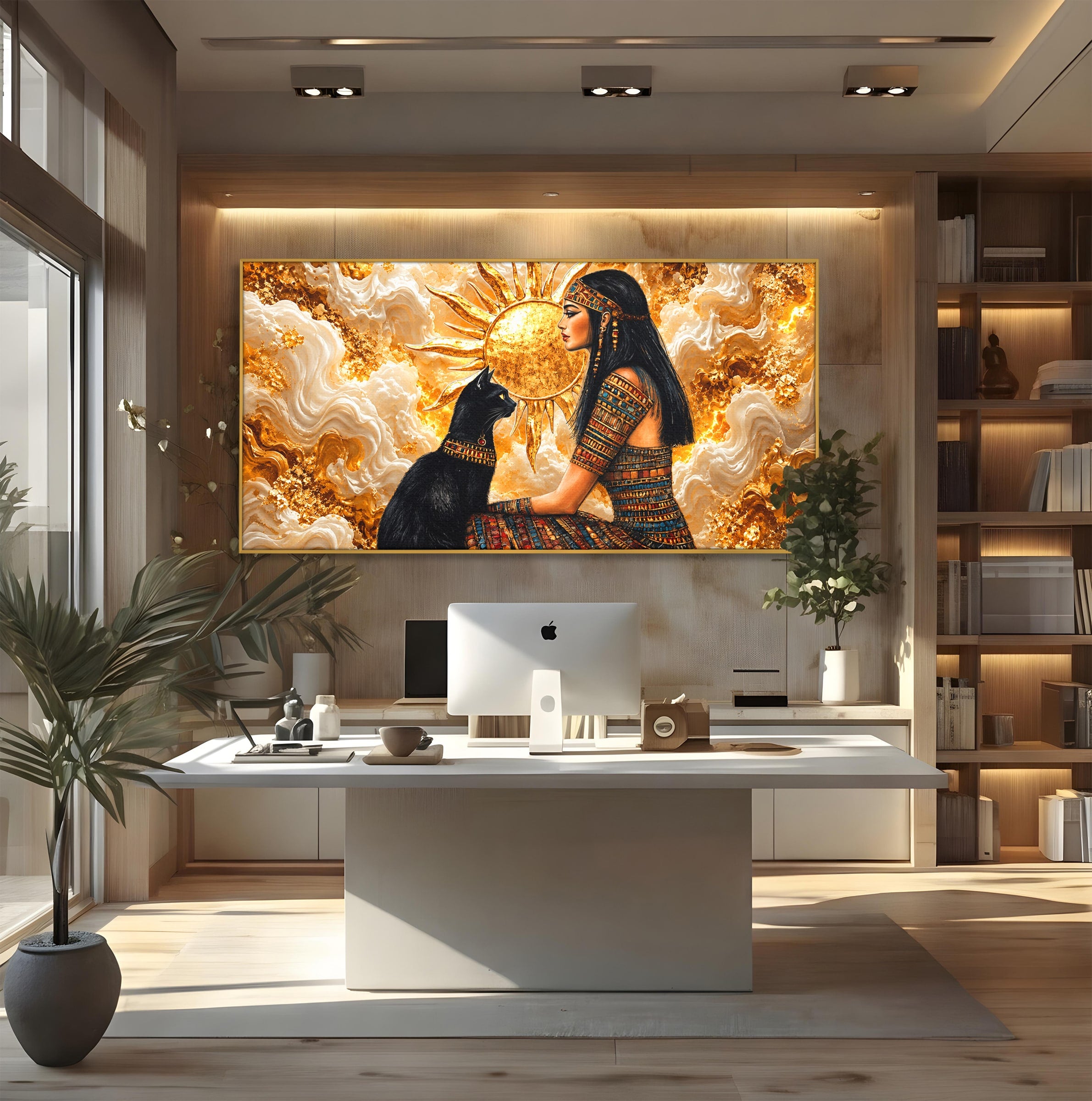 Tablou Canvas Premium LuxCanva® T1050, Regina Egipteana Cu Pisica, Egipt, Pisica, Soare, Mitologie, Dormitor, Culori Vibrante