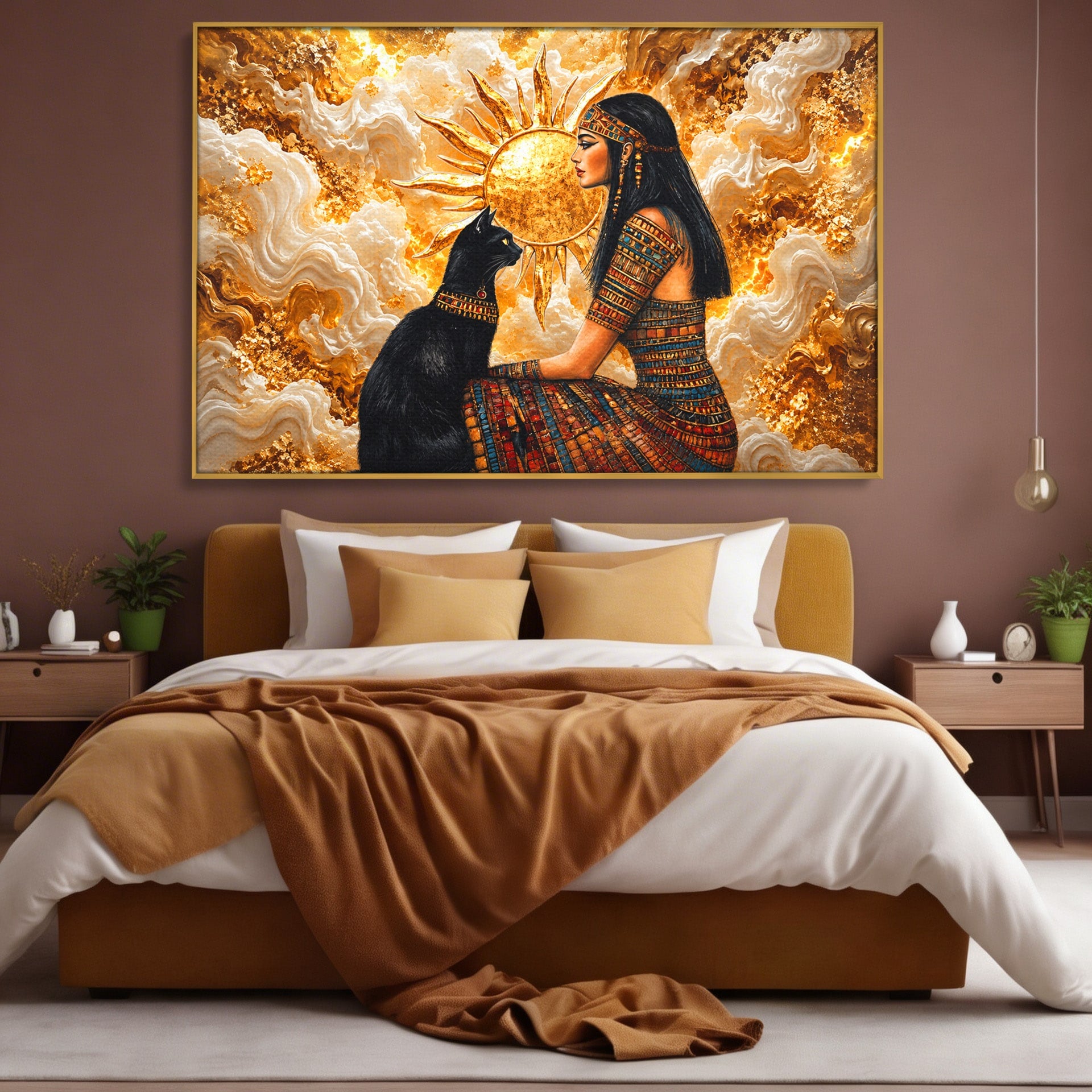Tablou Canvas Premium LuxCanva® T1050, Regina Egipteana Cu Pisica, Egipt, Pisica, Soare, Mitologie, Dormitor, Culori Vibrante