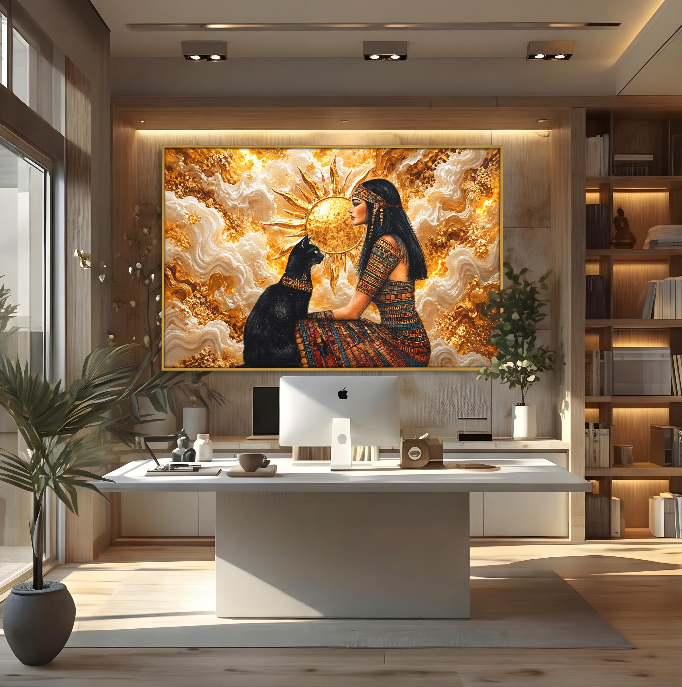 Tablou Canvas Premium LuxCanva® T1050, Regina Egipteana Cu Pisica, Egipt, Pisica, Soare, Mitologie, Dormitor, Culori Vibrante