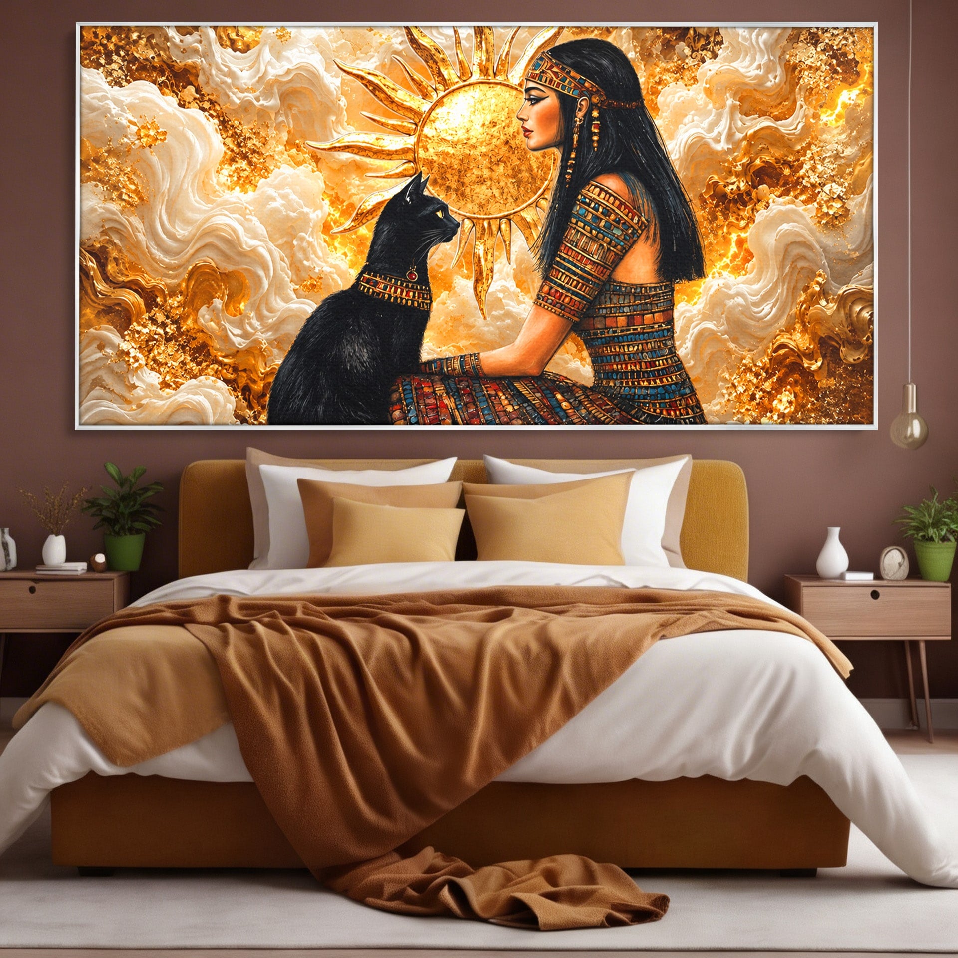 Tablou Canvas Premium LuxCanva® T1050, Regina Egipteana Cu Pisica, Egipt, Pisica, Soare, Mitologie, Dormitor, Culori Vibrante