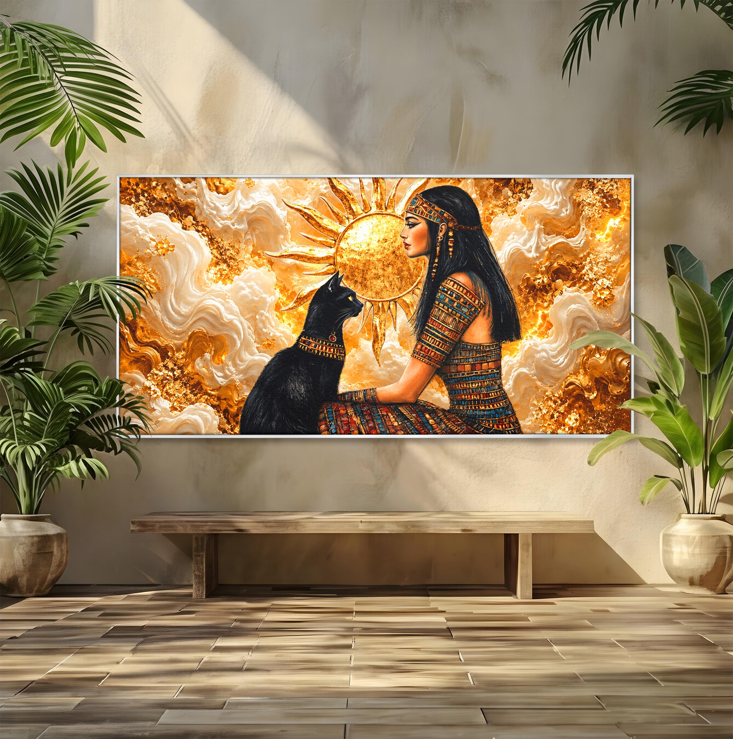 Tablou Canvas Premium LuxCanva® T1050, Regina Egipteana Cu Pisica, Egipt, Pisica, Soare, Mitologie, Dormitor, Culori Vibrante