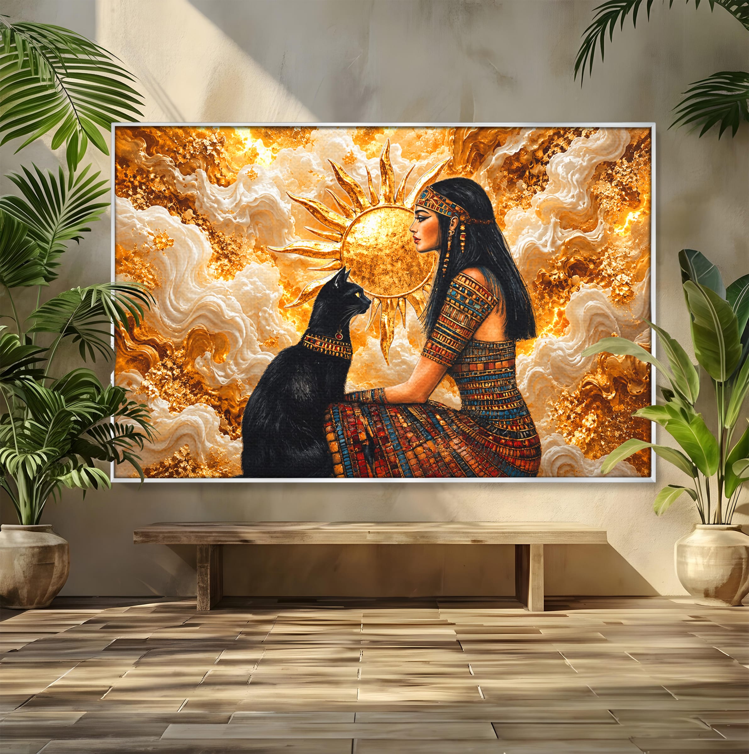 Tablou Canvas Premium LuxCanva® T1050, Regina Egipteana Cu Pisica, Egipt, Pisica, Soare, Mitologie, Dormitor, Culori Vibrante