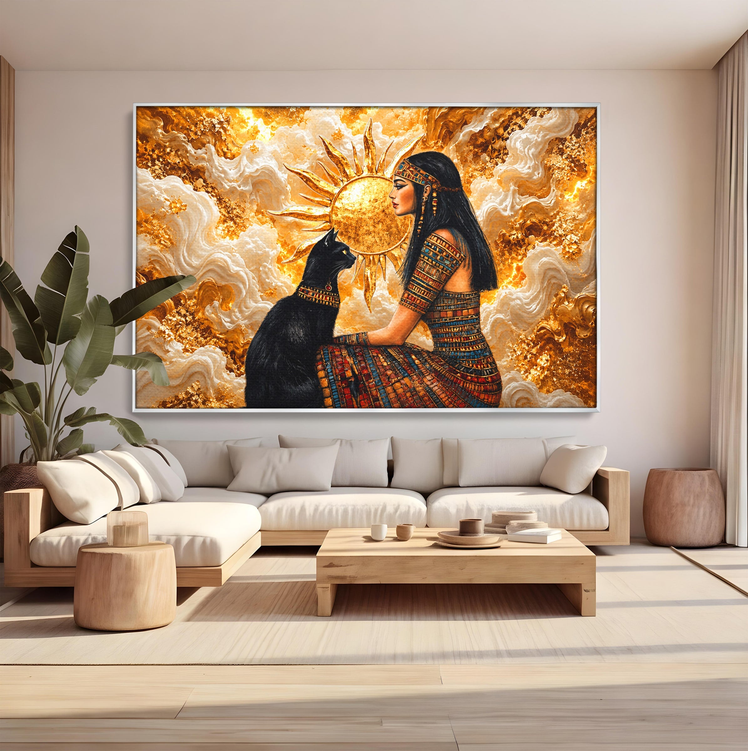 Tablou Canvas Premium LuxCanva® T1050, Regina Egipteana Cu Pisica, Egipt, Pisica, Soare, Mitologie, Dormitor, Culori Vibrante